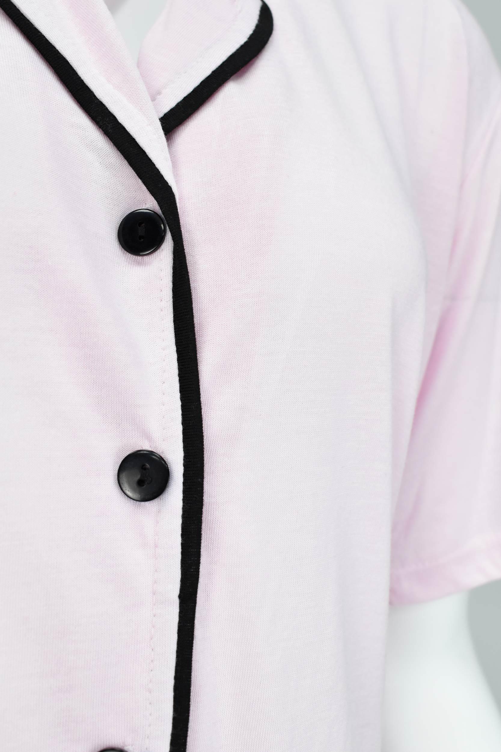 Kısa Kollu Düğmeli Biyeli Pijama Takımı -Toz Pembe