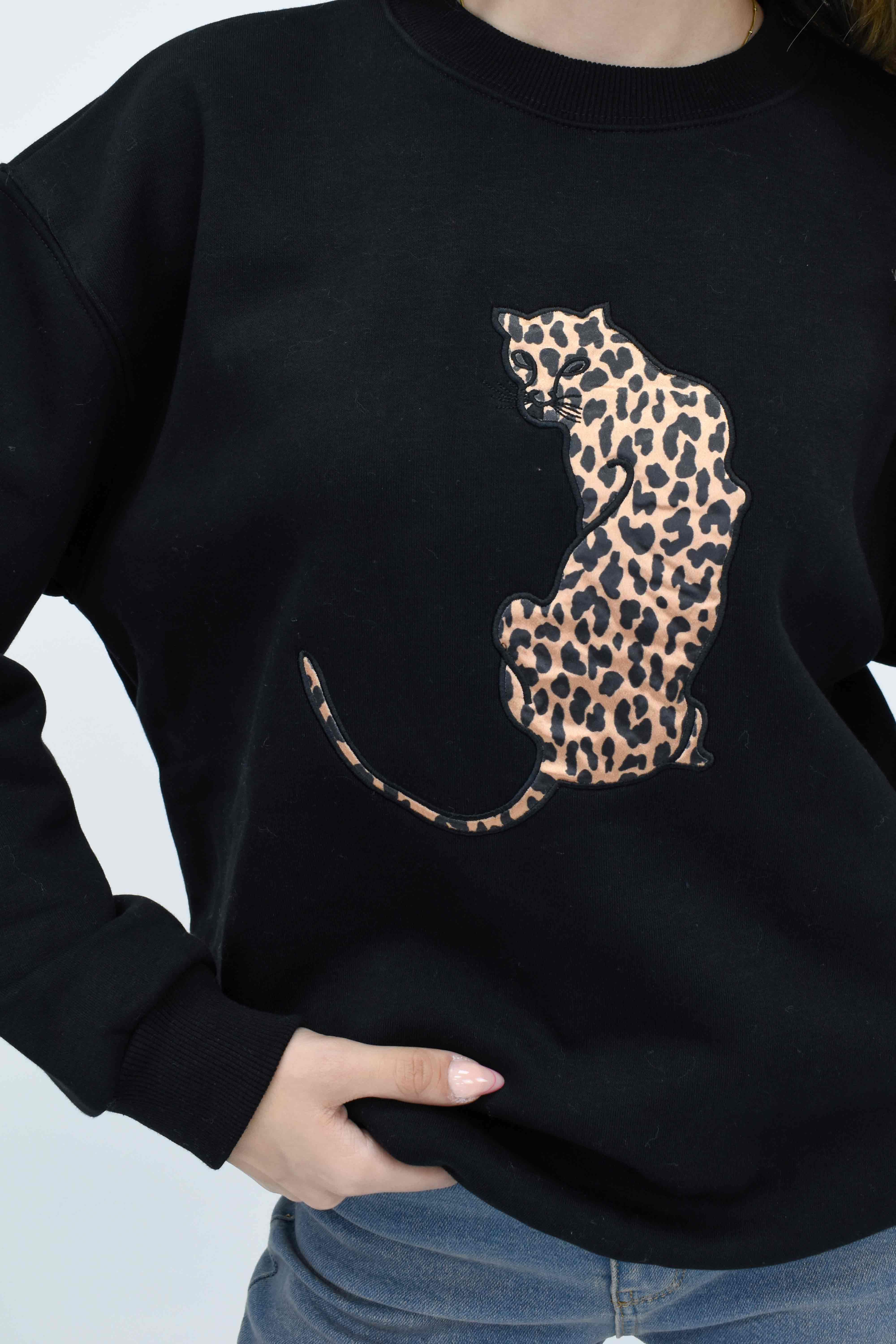 Leopar Baskılı Sweatshirt-Siyah 