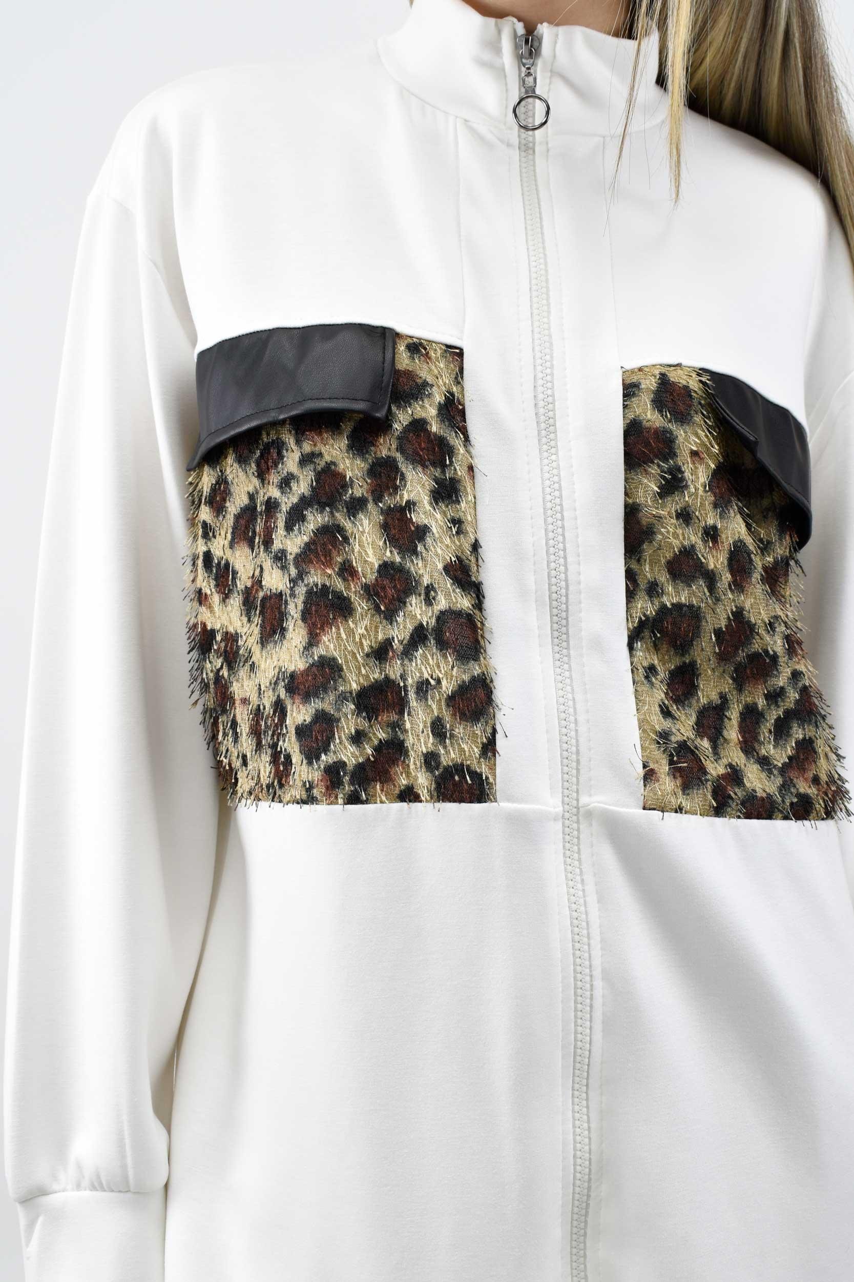 Leopar Cep Detaylı Fermuarlı Tunik - Ekru