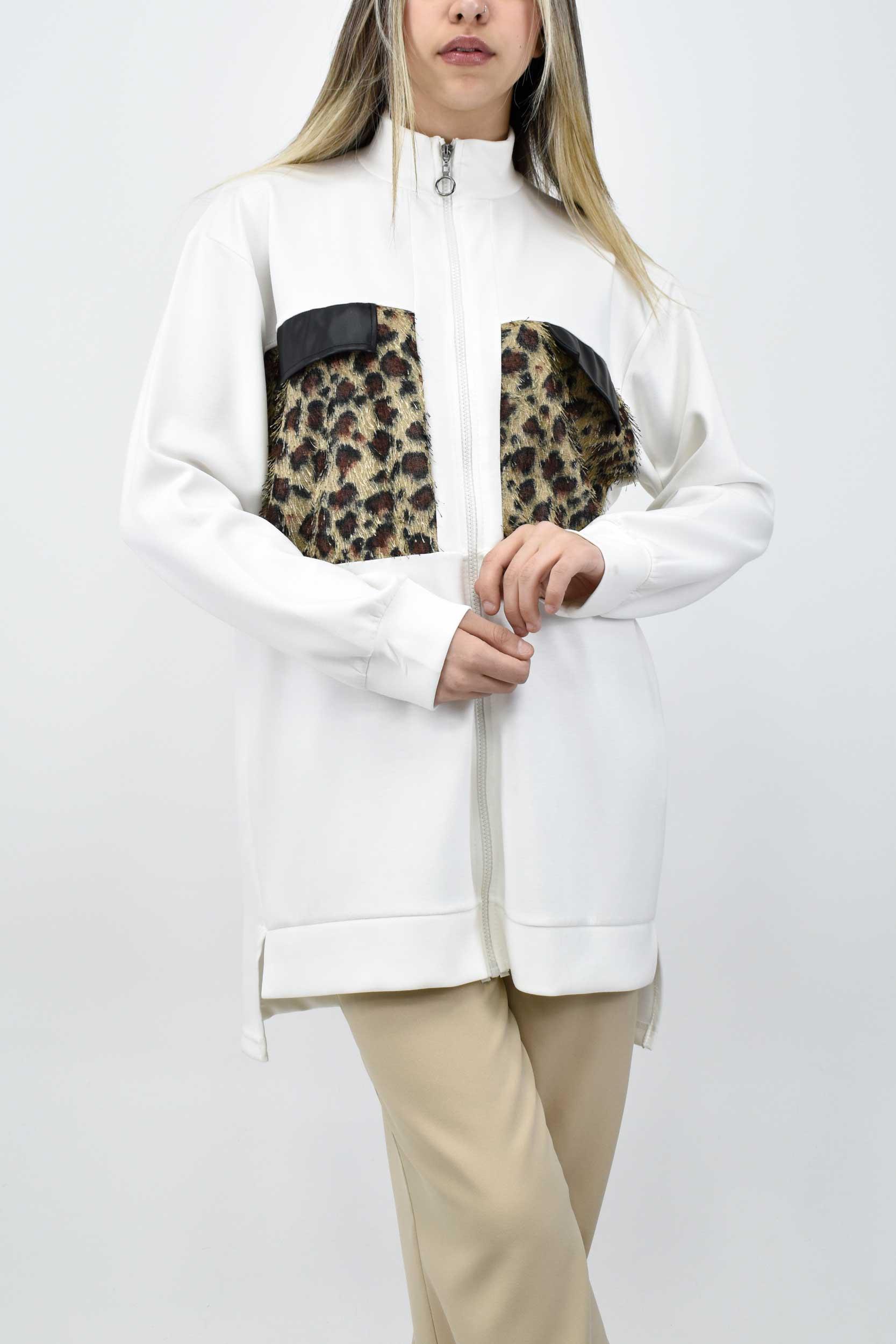 Leopar Cep Detaylı Fermuarlı Tunik - Ekru