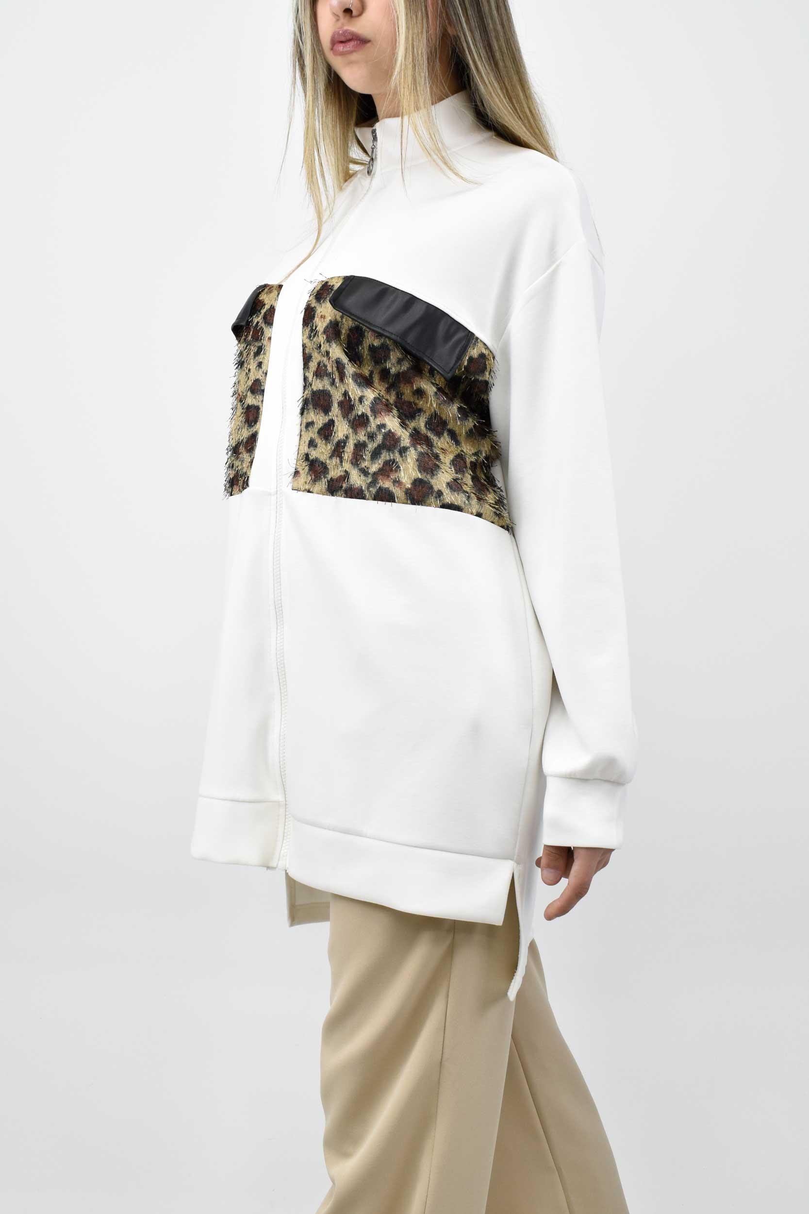 Leopar Cep Detaylı Fermuarlı Tunik - Ekru