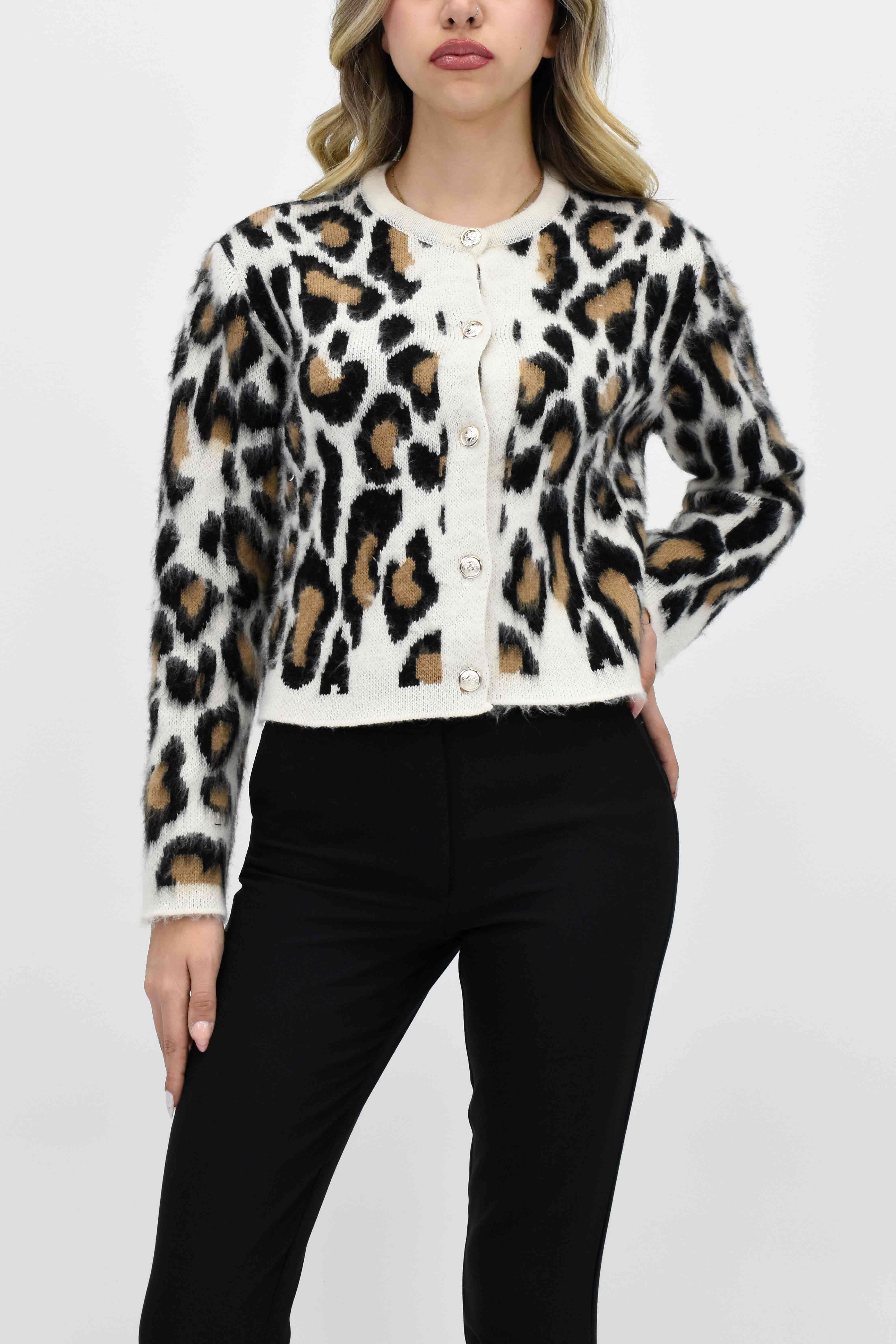 Leopar Desenli Düğmeli Hırka-Siyah 