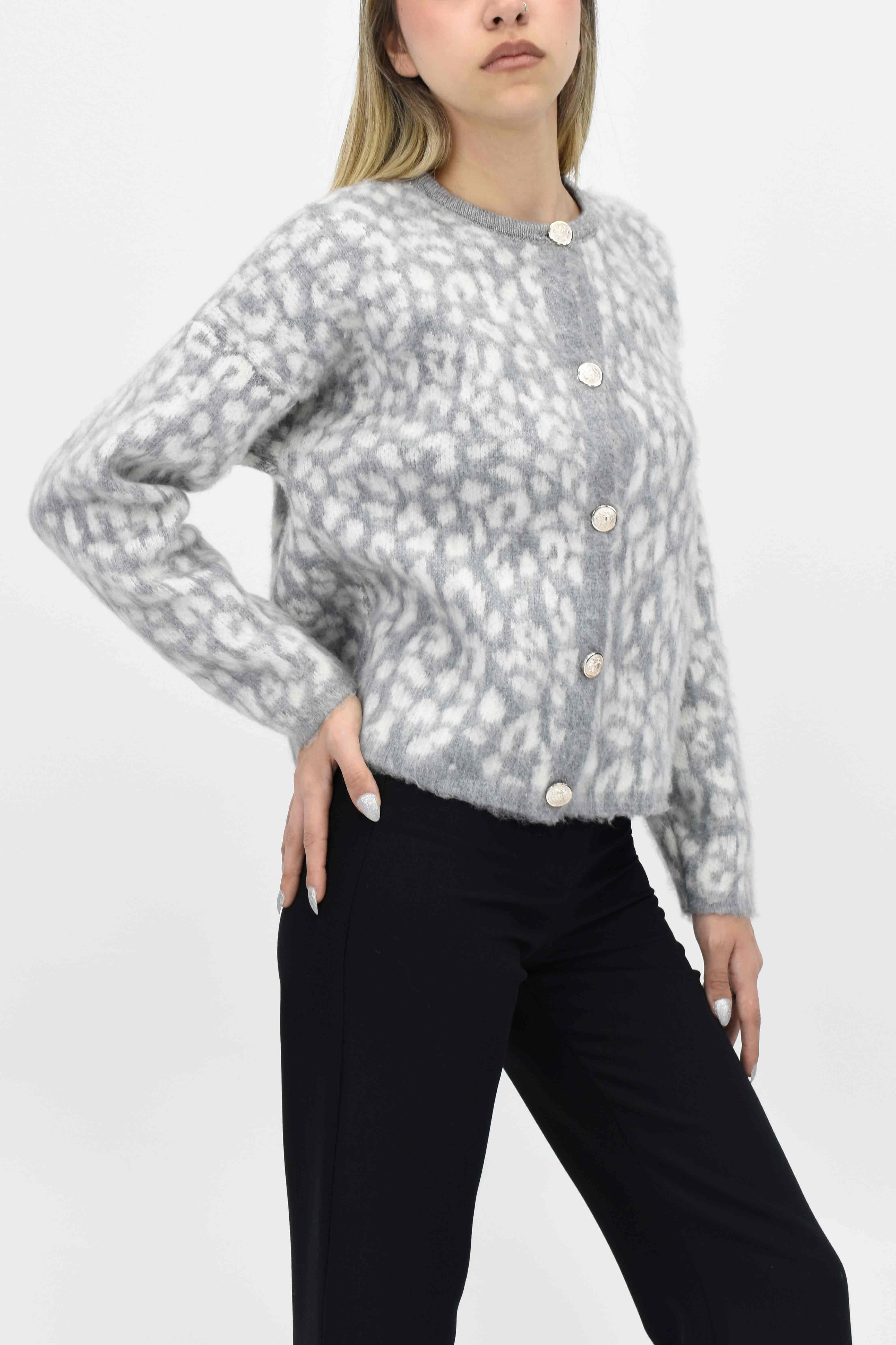 Leopar Desenli Sakallı Hırka - Gri
