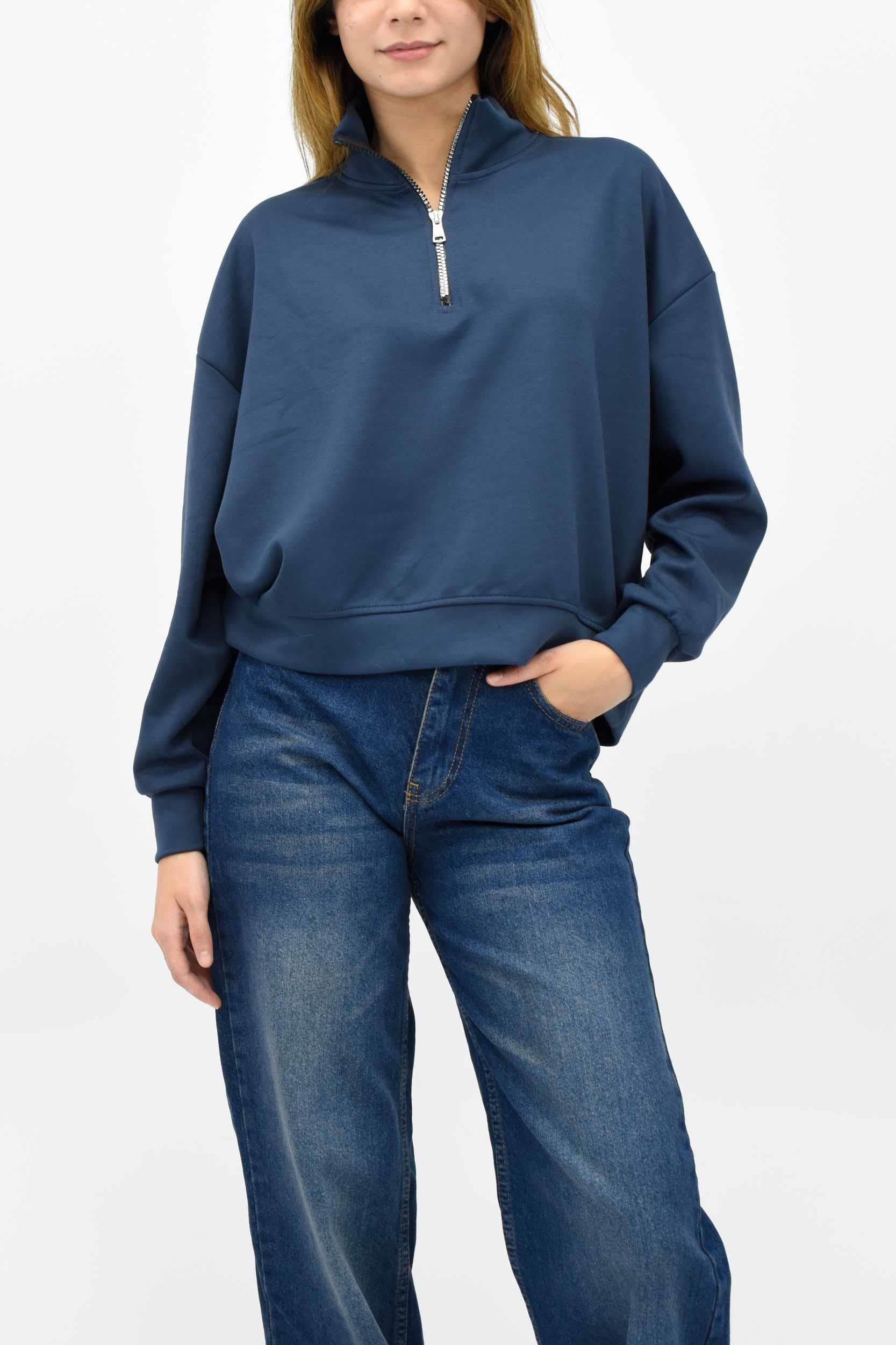 Modal Kumaş Fermuarlı Sweatshirt - İndigo