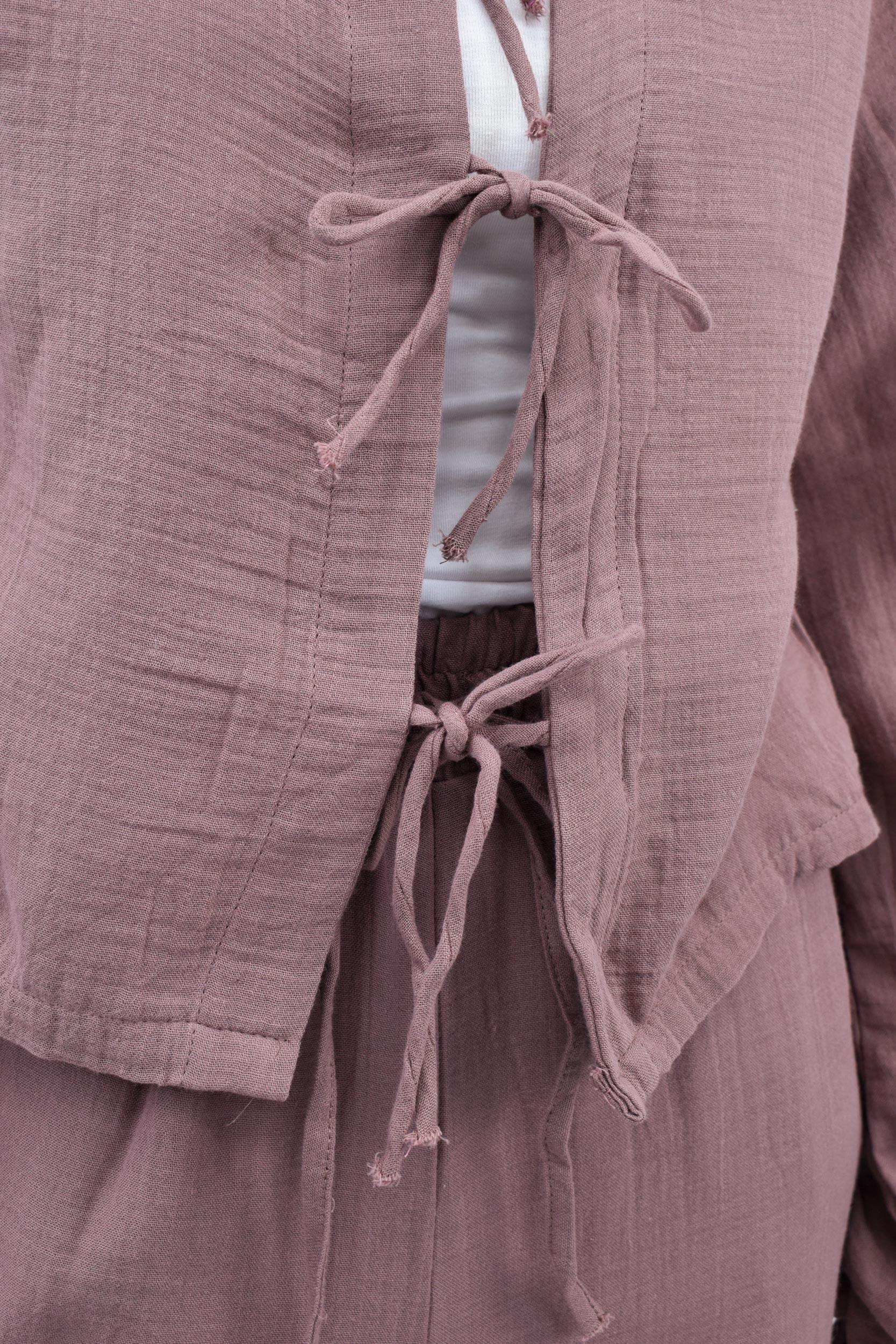 Müslin Keten Görünümlü Bağlamalı İkili Takım- Gül Kurusu