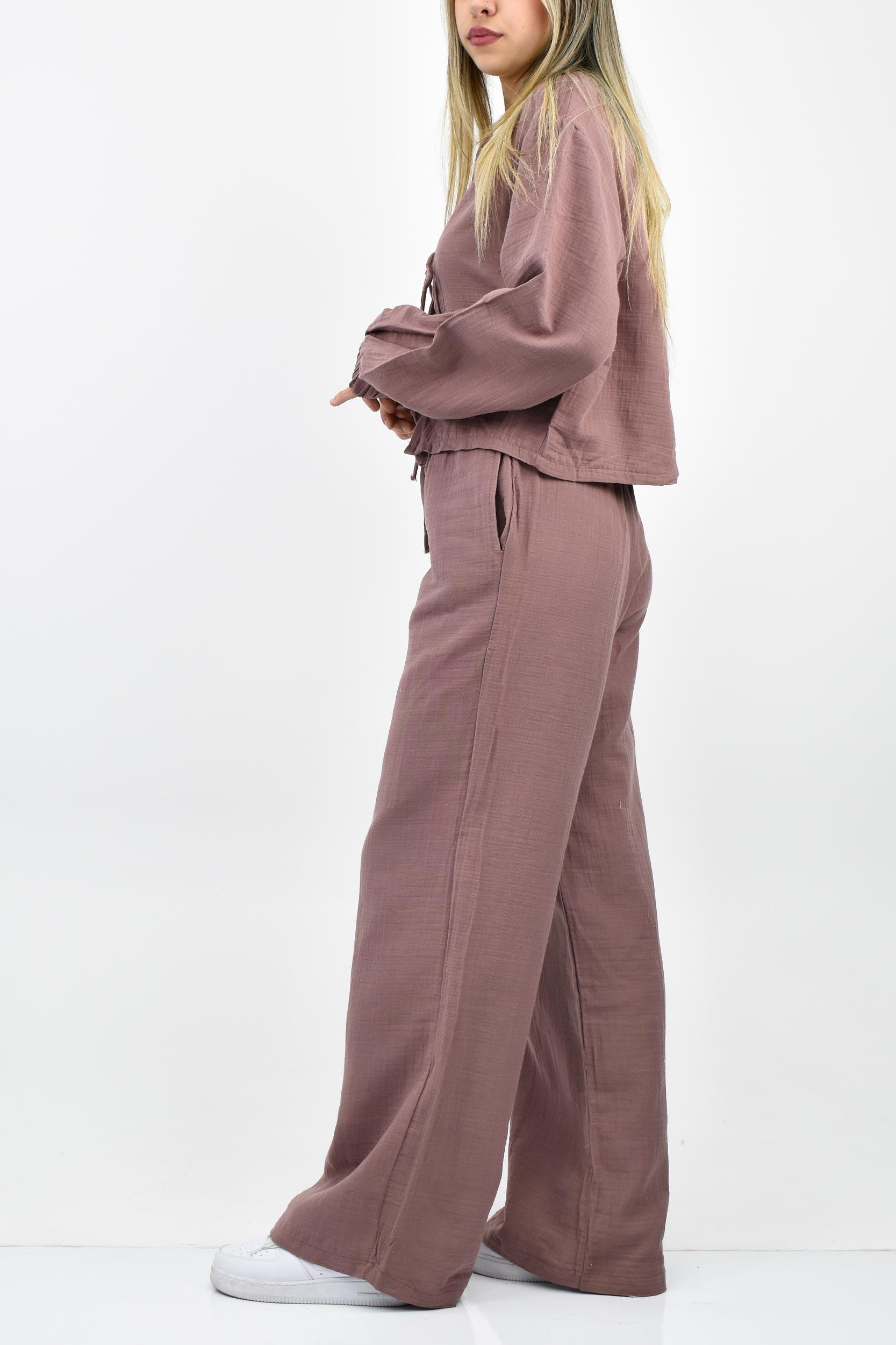 Müslin Keten Görünümlü Bağlamalı İkili Takım- Gül Kurusu