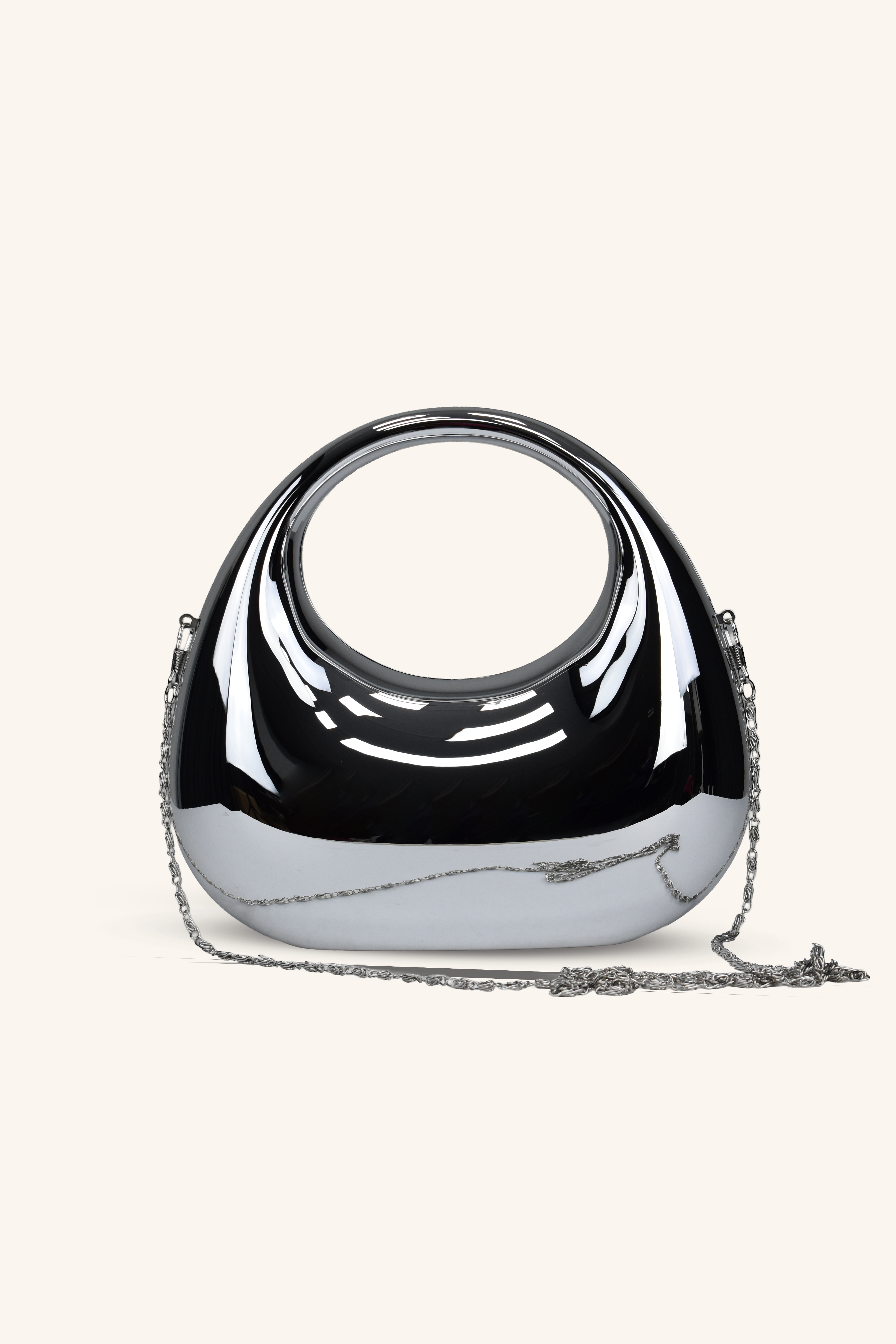 Oval Tutmalı Parlak Abiye Çanta - Gümüş