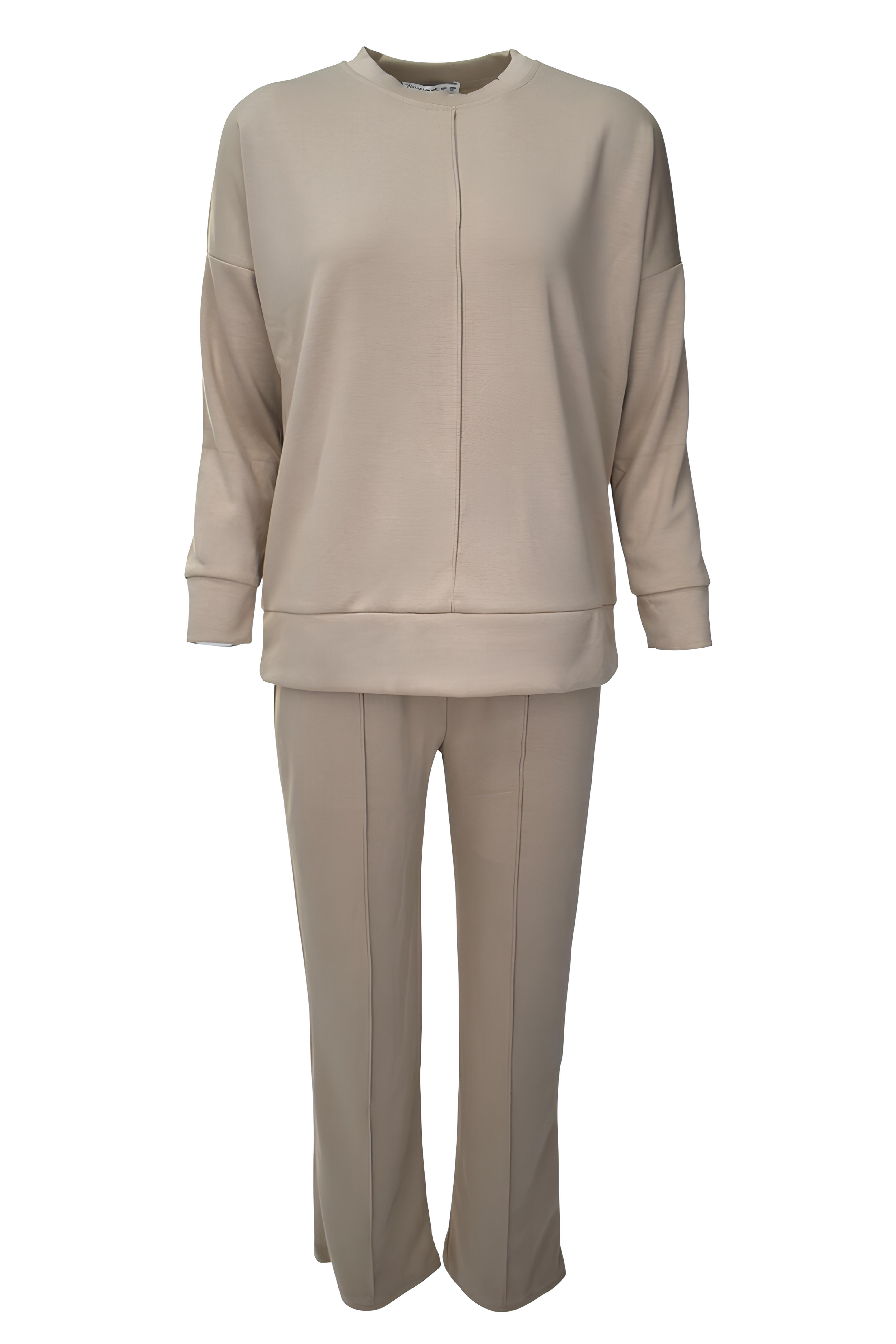 Rahat Kalıp Geniş Paça Modal Kumaş Uzun Kollu Eşofman Takımı  - Bej