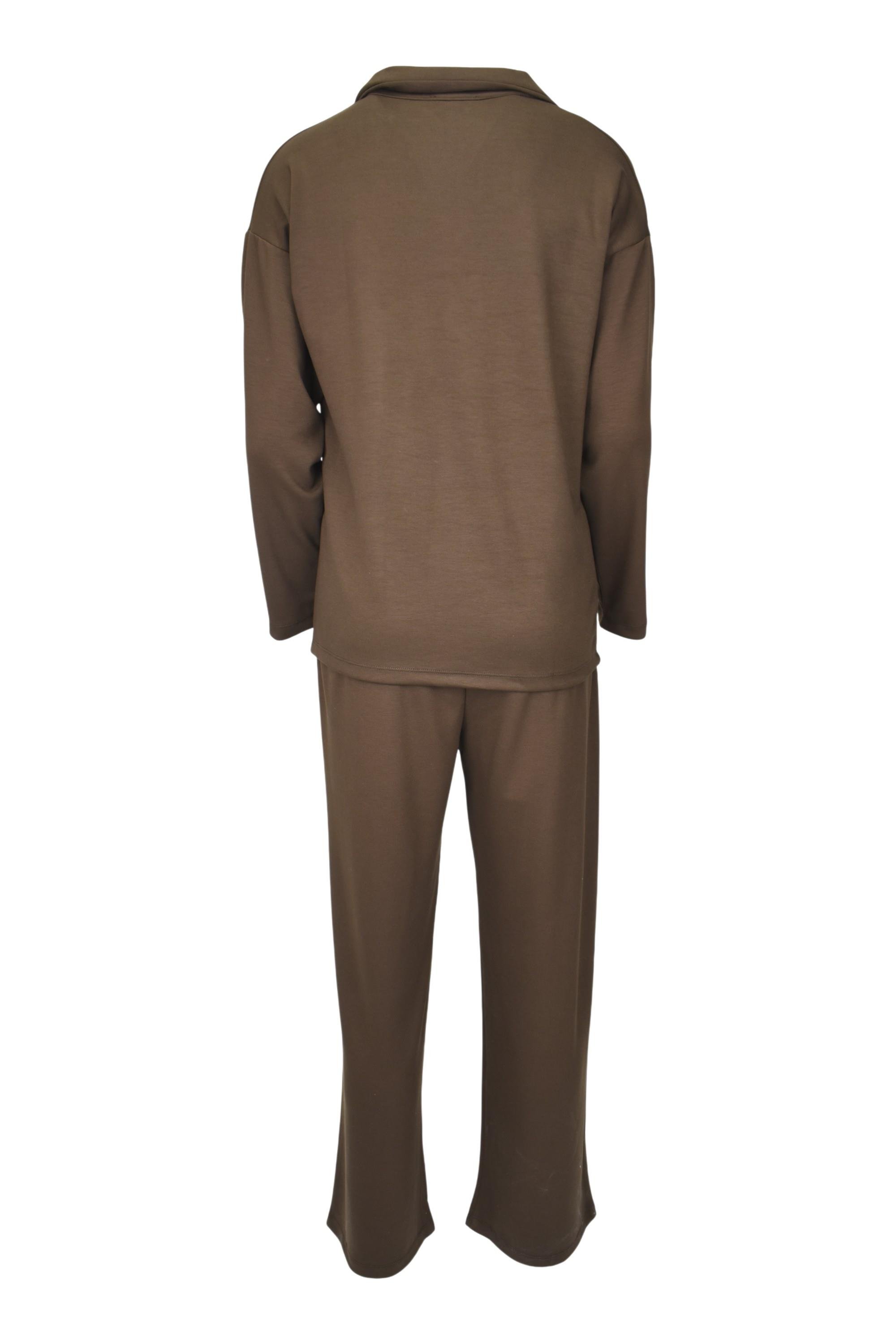 Rahat Kalıp Polo Yaka Modal Kumaş Uzun Kollu Eşofman Takımı  - Acı Kahve