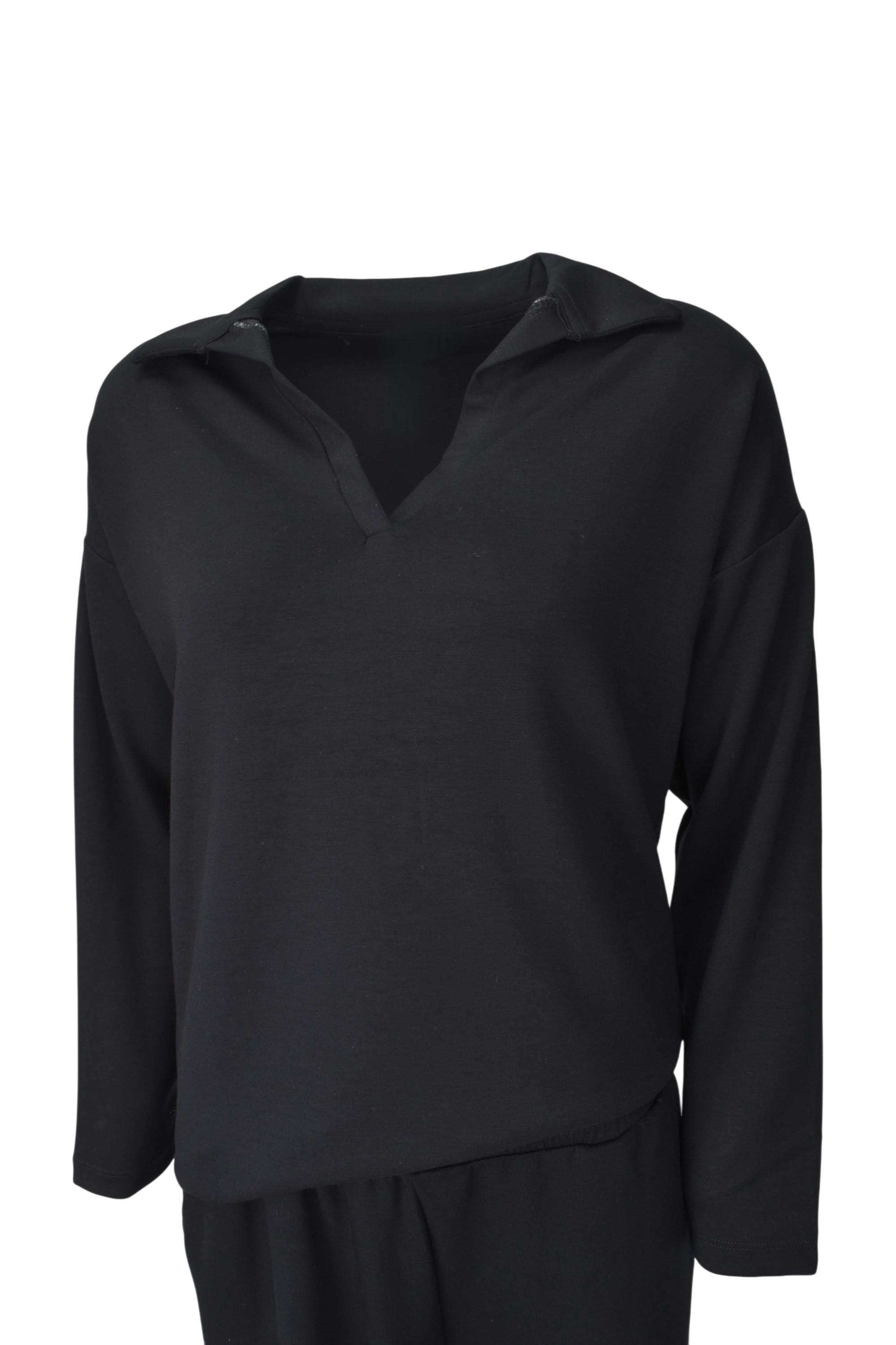 Rahat Kalıp Polo Yaka Modal Kumaş Uzun Kollu Eşofman Takımı  - Siyah