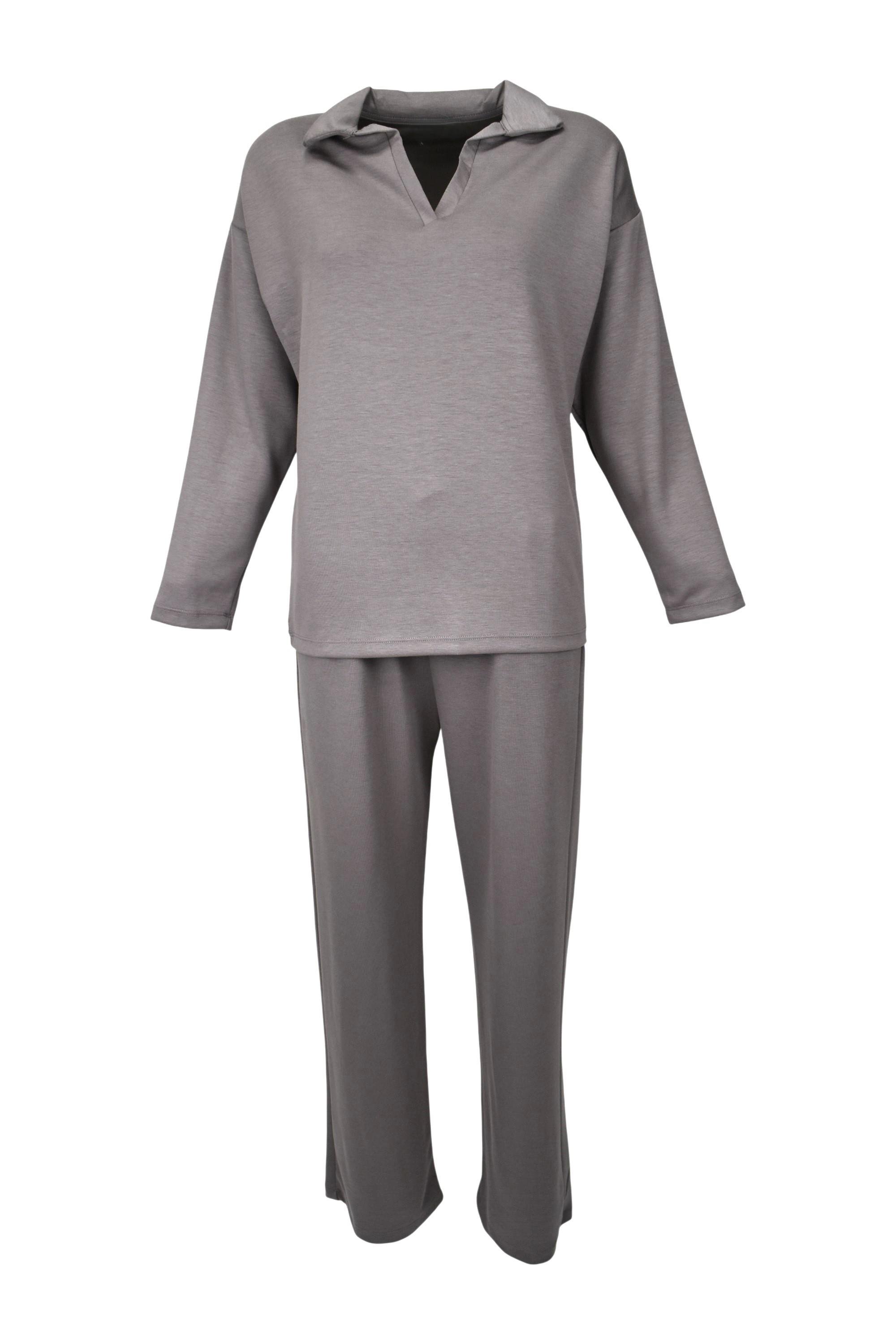 Rahat Kalıp Polo Yaka Modal Kumaş Uzun Kollu Eşofman Takımı  - Vizon