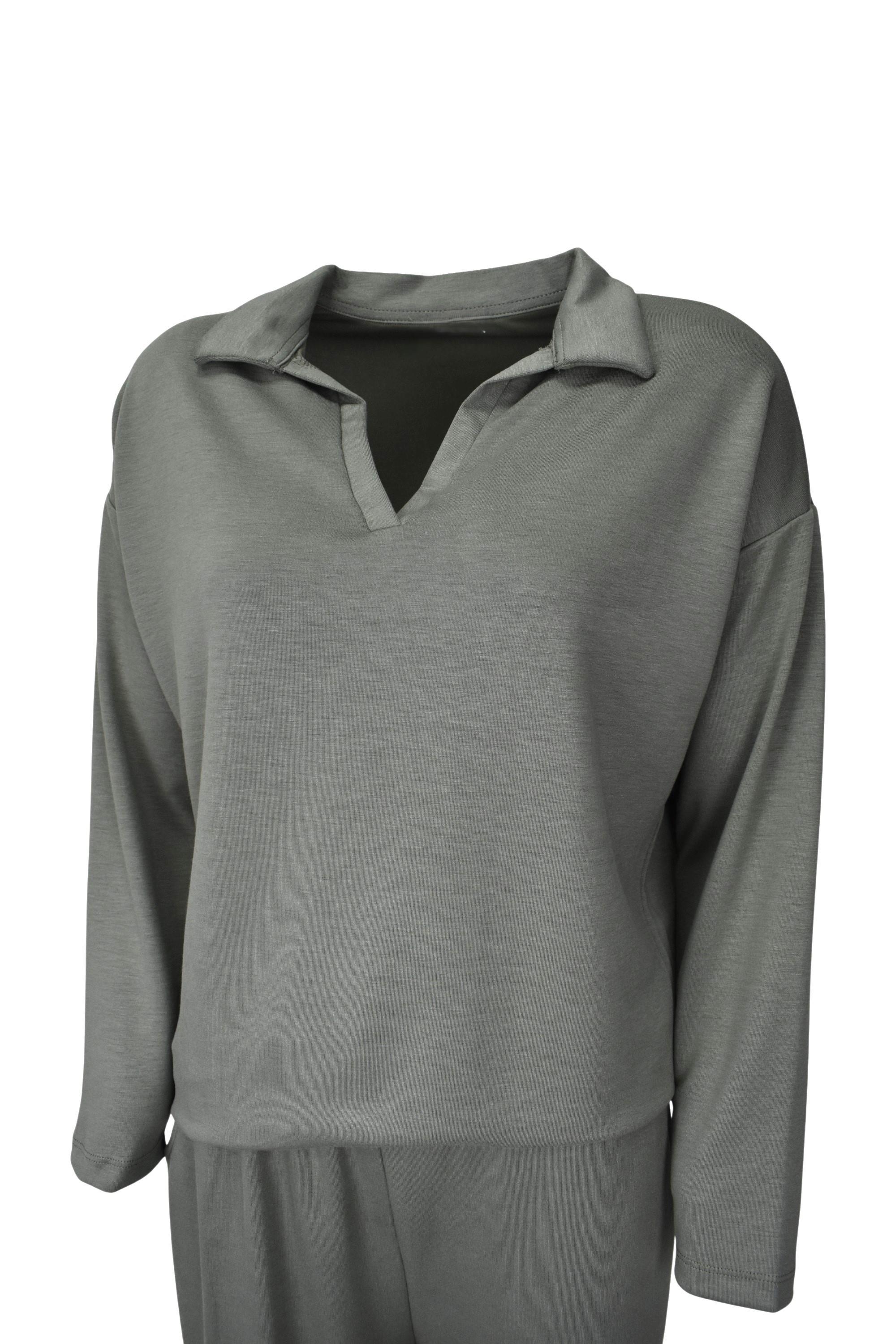 Rahat Kalıp Polo Yaka Modal Kumaş Uzun Kollu Eşofman Takımı  - Yeşil