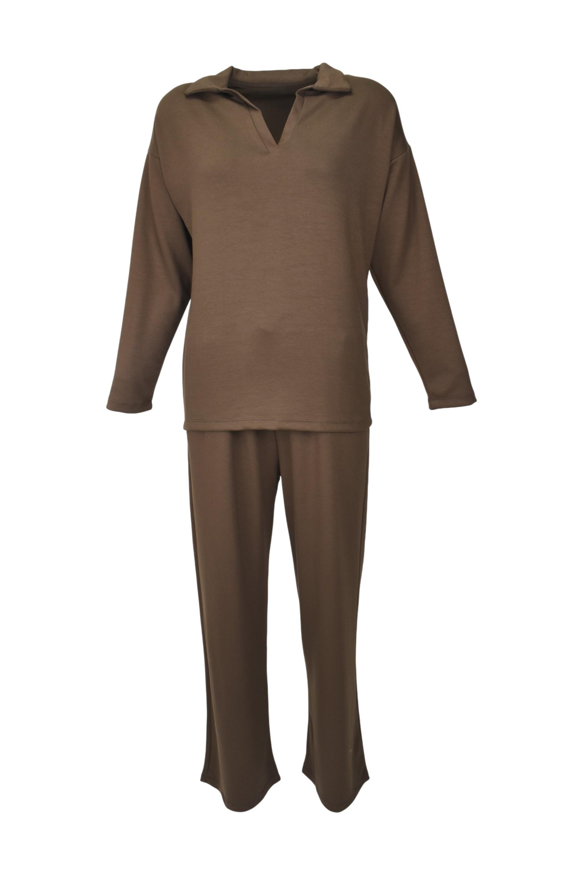 Rahat Kalıp Polo Yaka Modal Kumaş Uzun Kollu Eşofman Takımı  - Acı Kahve