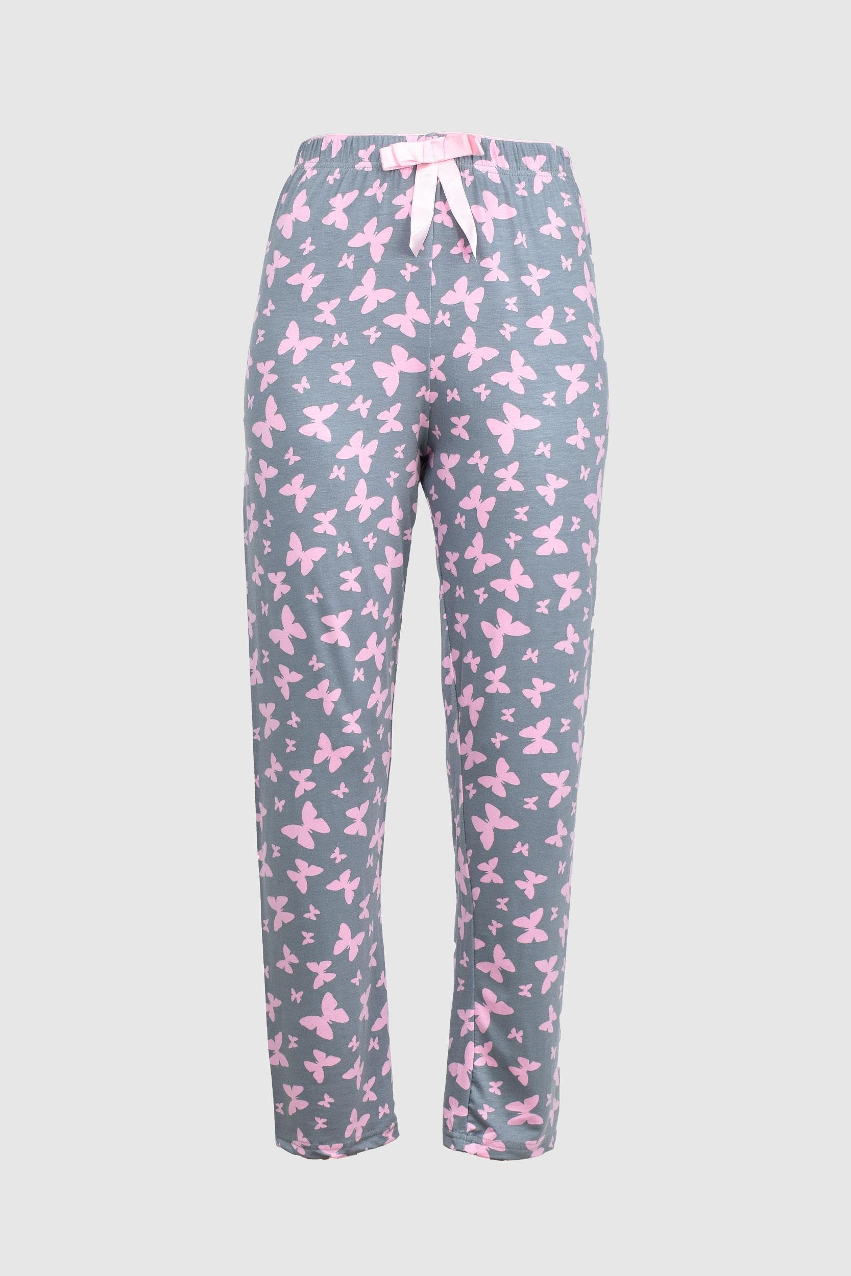 Uzun Gri Pembe Kelebek Desenli Alt Pijama