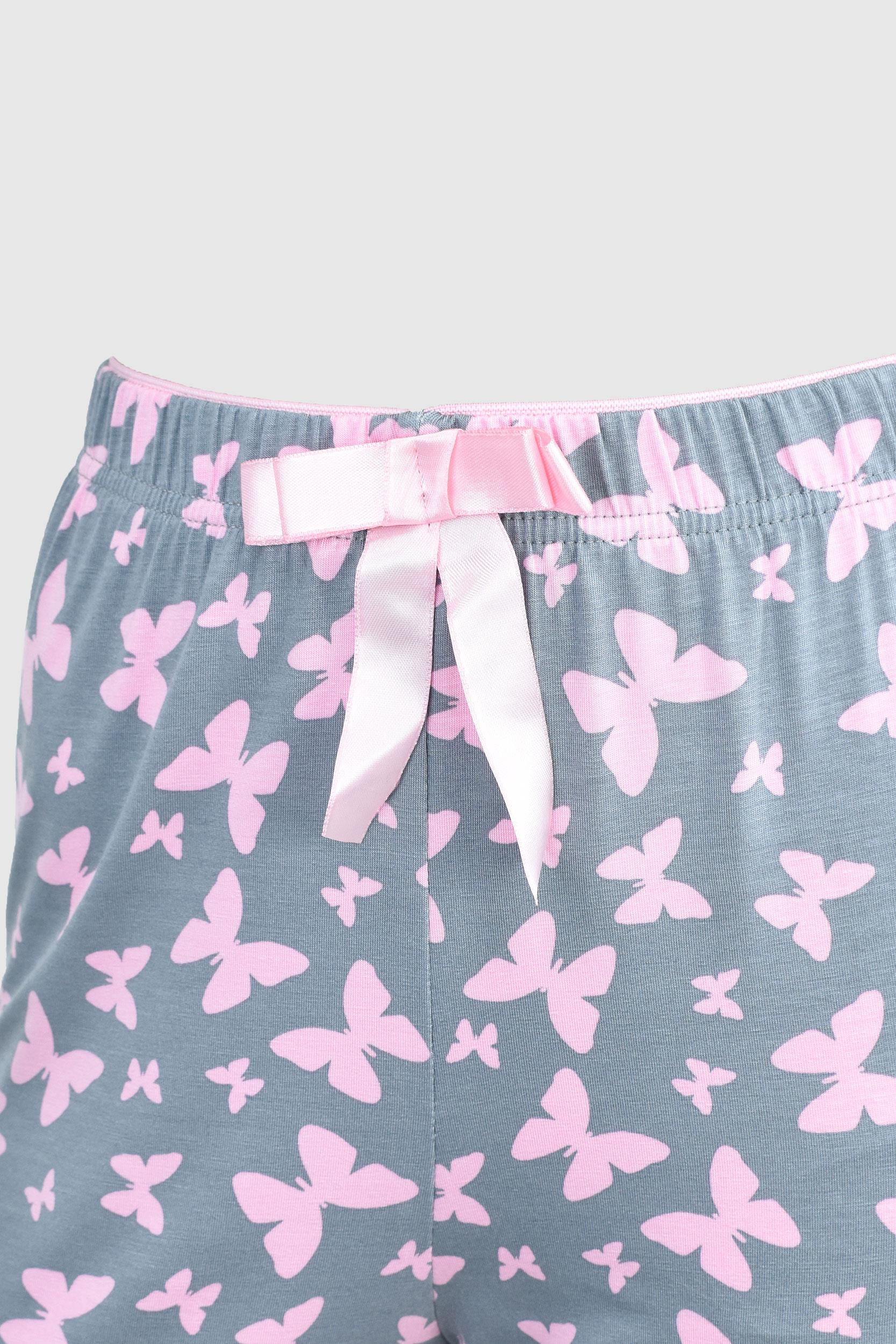 Uzun Gri Pembe Kelebek Desenli Alt Pijama