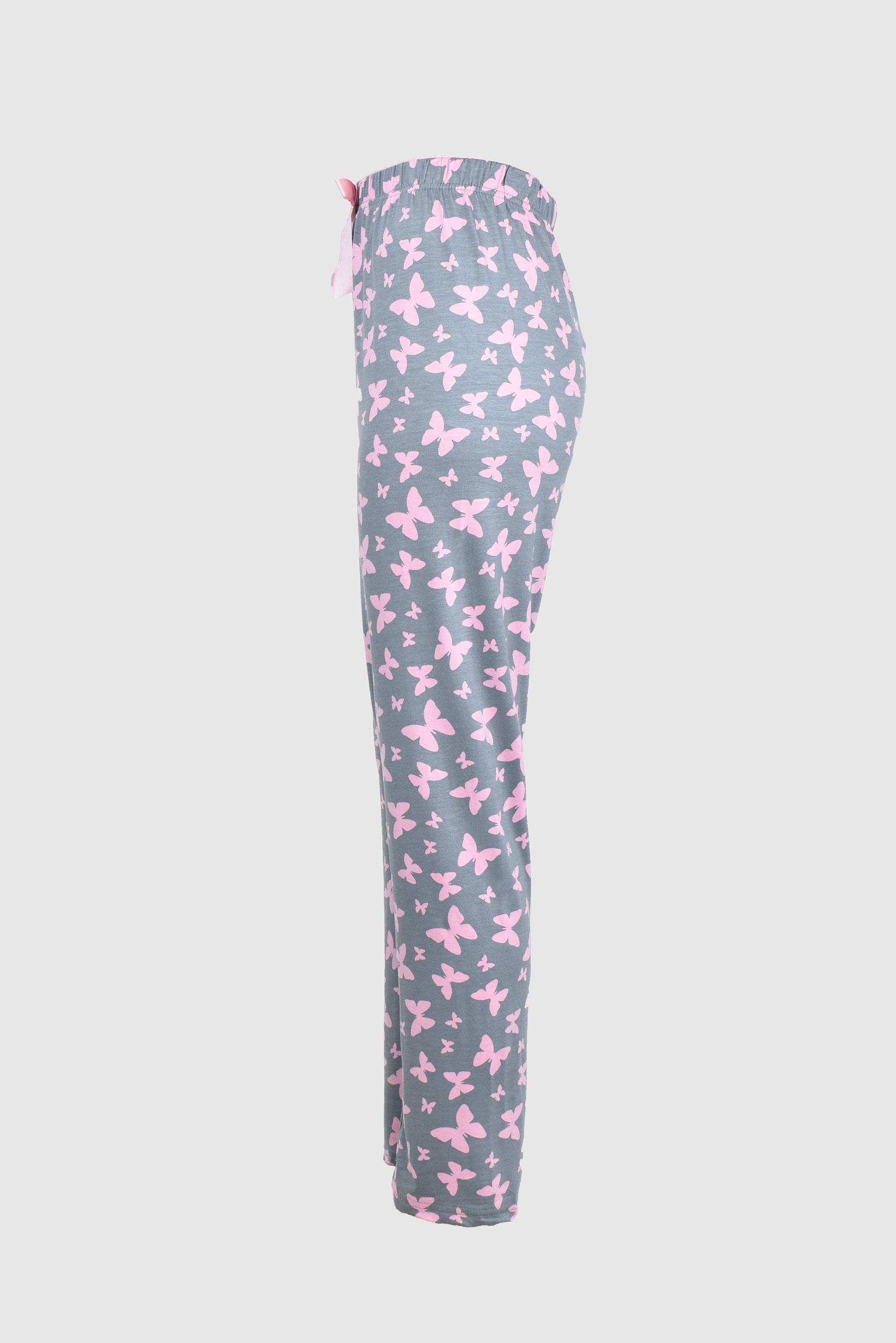 Uzun Gri Pembe Kelebek Desenli Alt Pijama