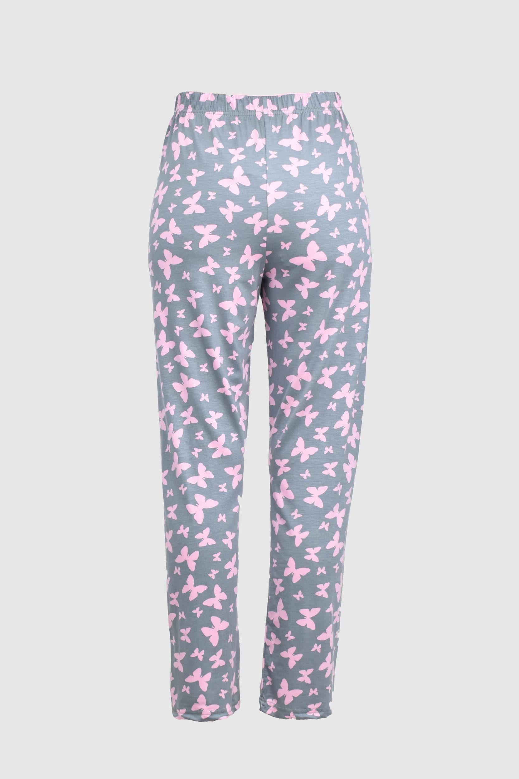Uzun Gri Pembe Kelebek Desenli Alt Pijama