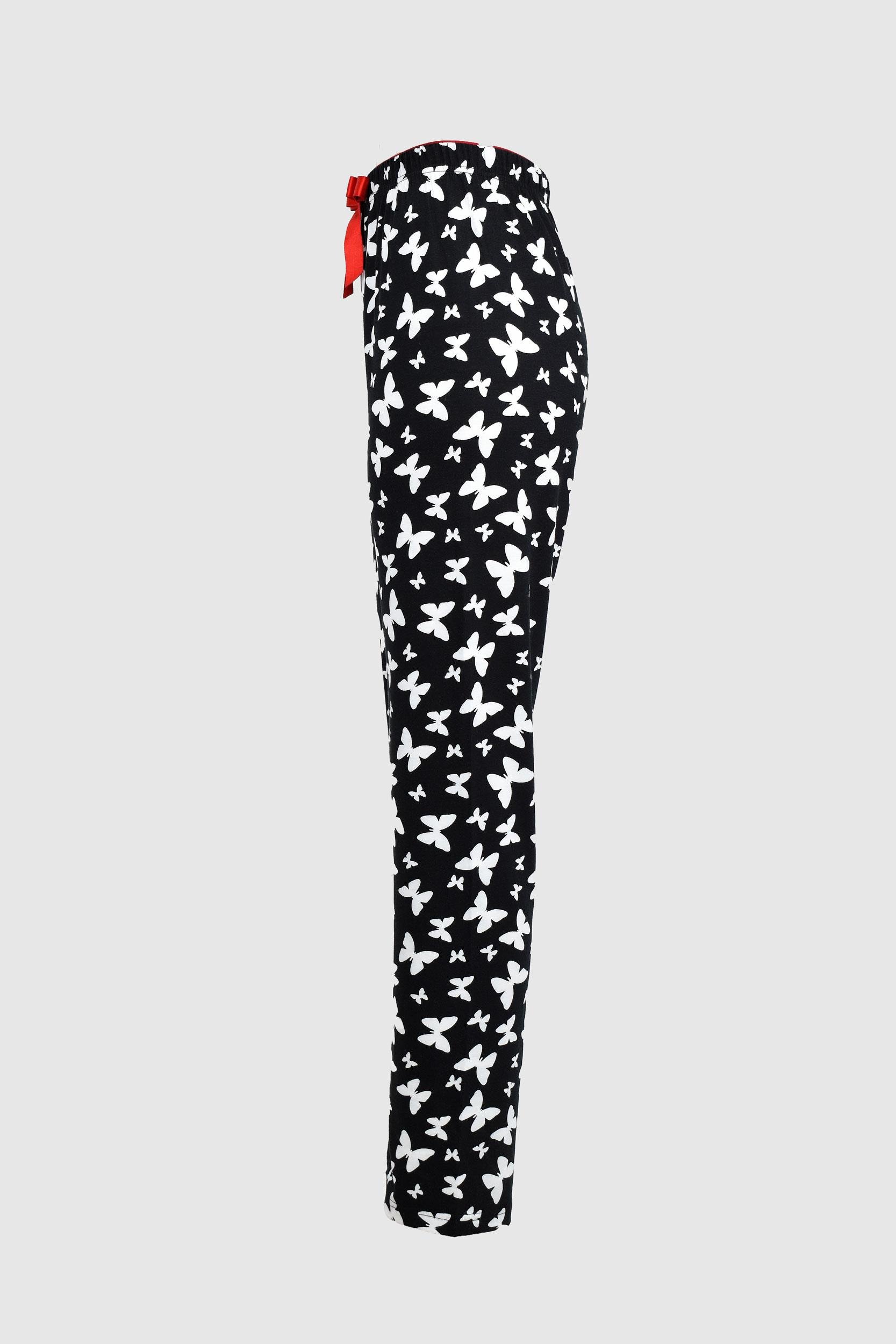 Uzun Siyah Beyaz Kelebek Desenli Alt Pijama