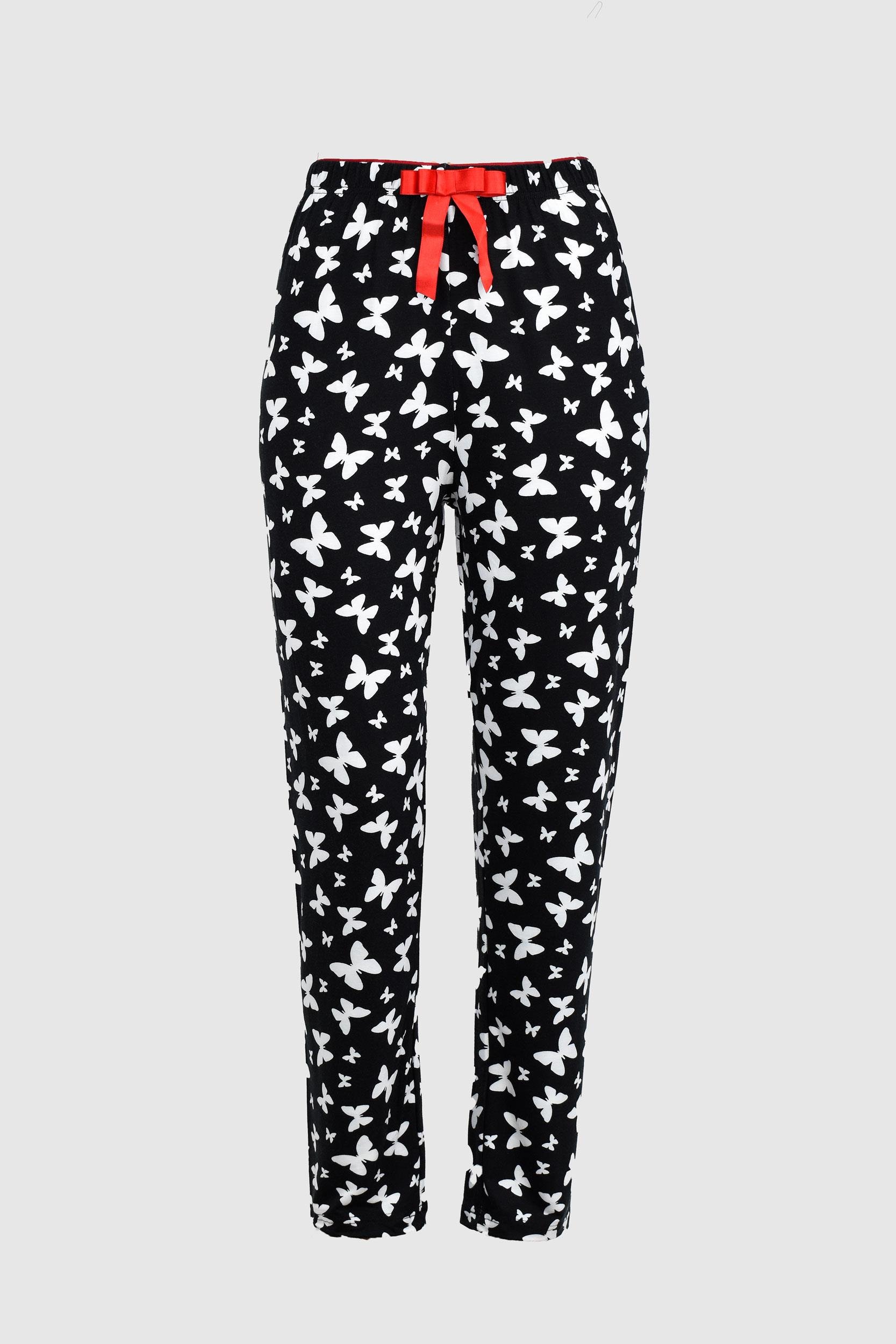 Uzun Siyah Beyaz Kelebek Desenli Alt Pijama