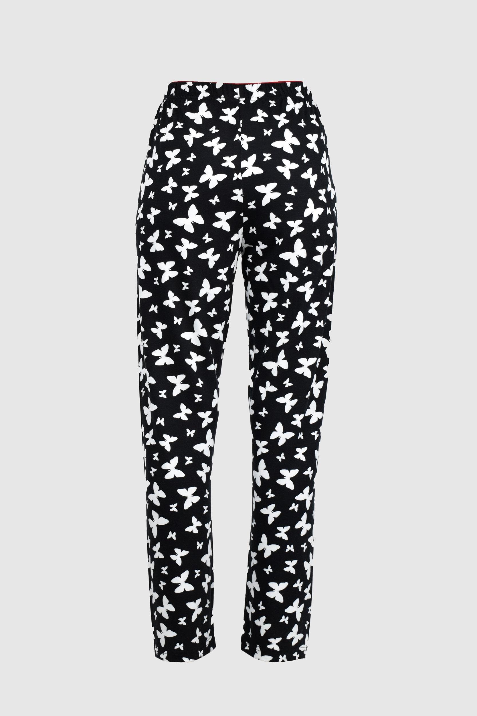 Uzun Siyah Beyaz Kelebek Desenli Alt Pijama