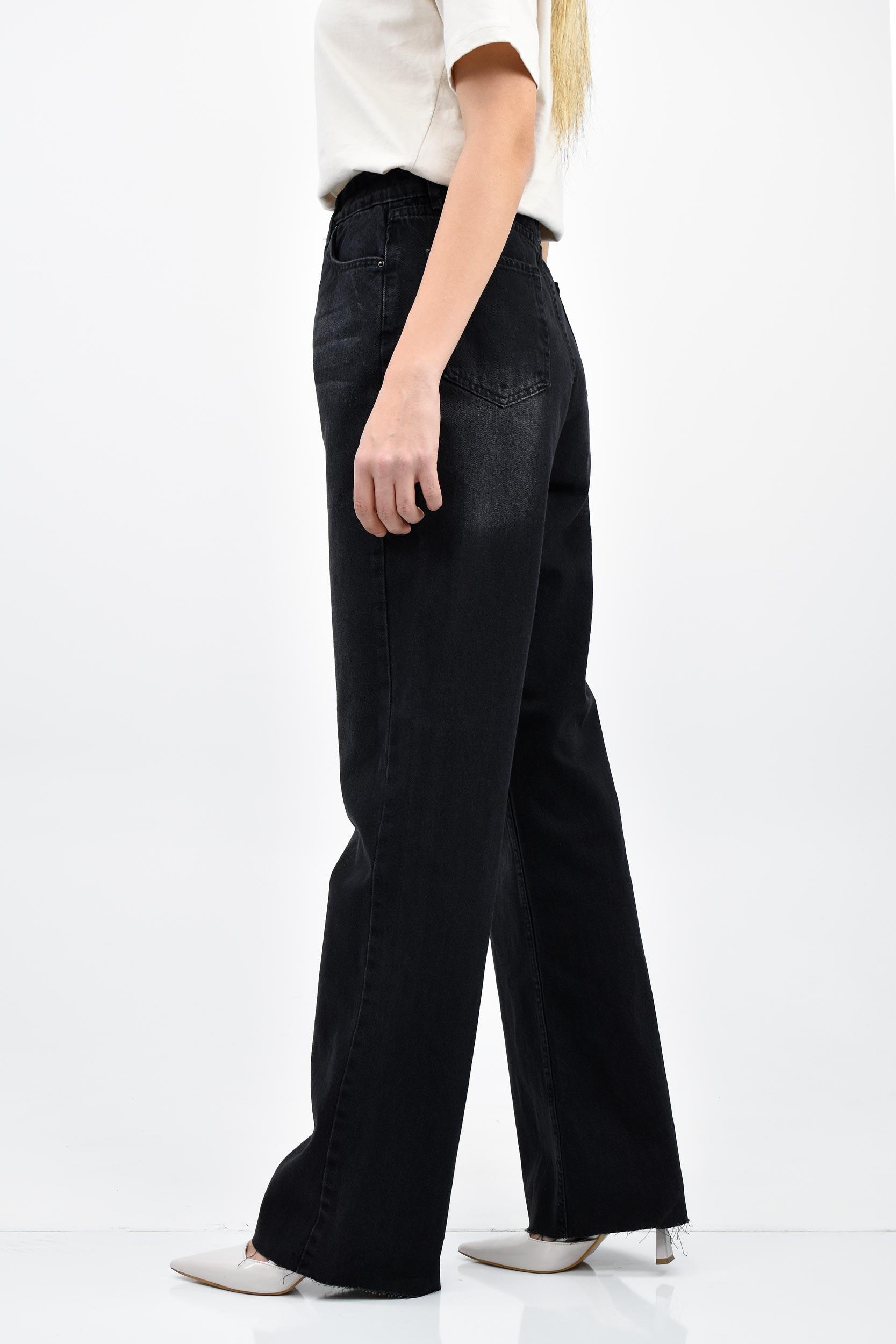 Wide Leg Taşlanmış Kot Pantolon - Siyah