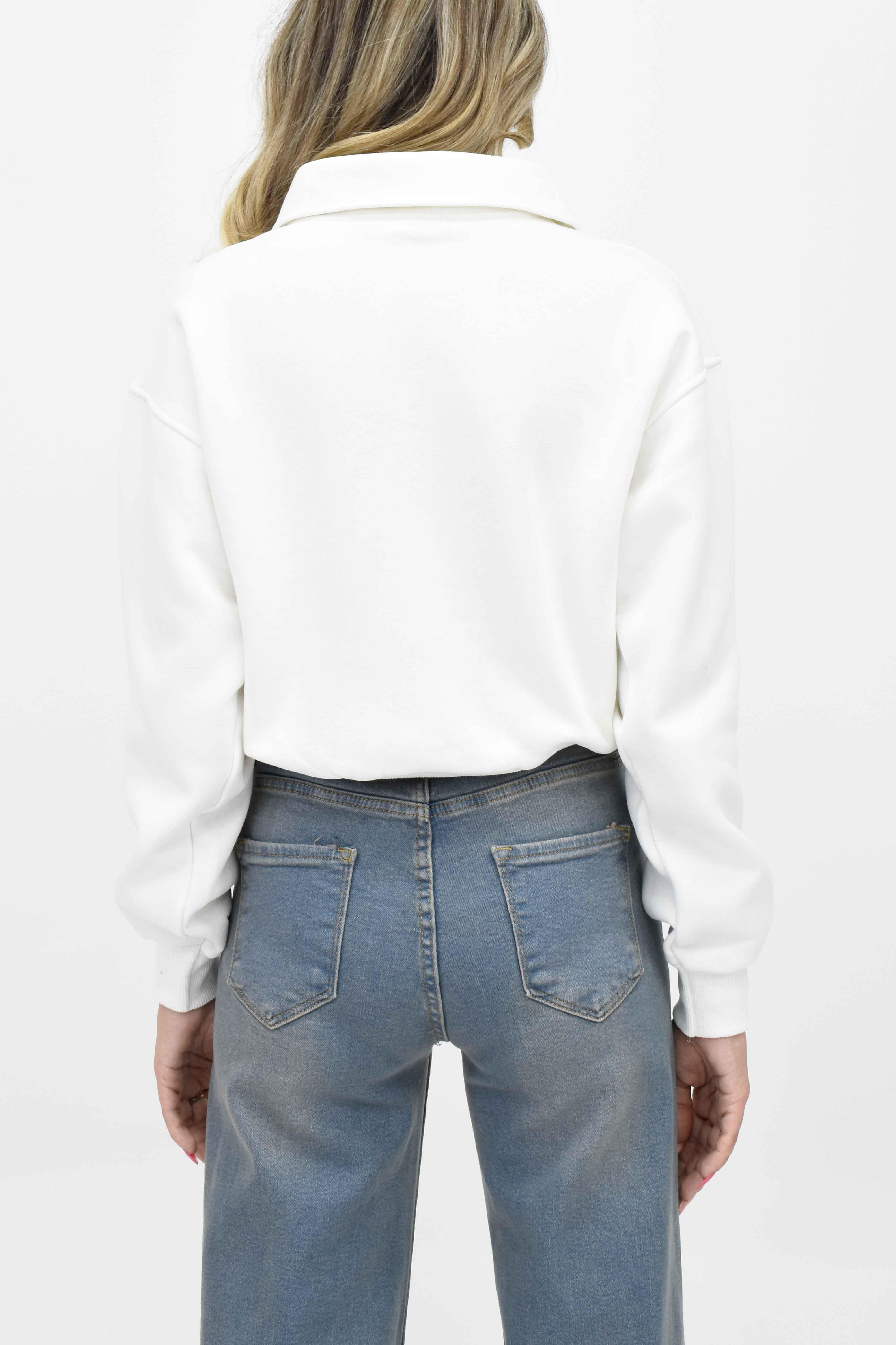 Yakalı Kısa Sweatshirt - Beyaz