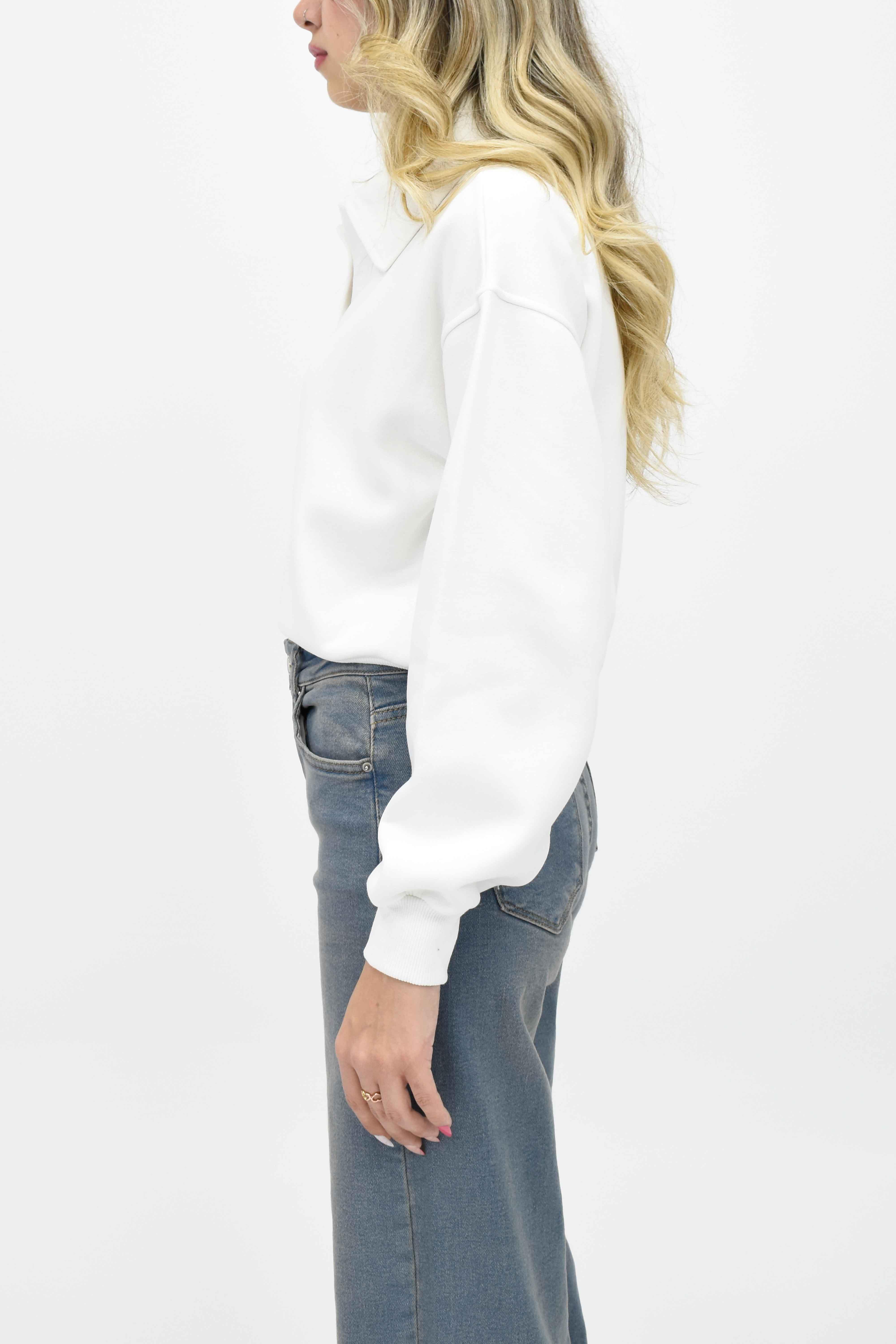 Yakalı Kısa Sweatshirt - Beyaz