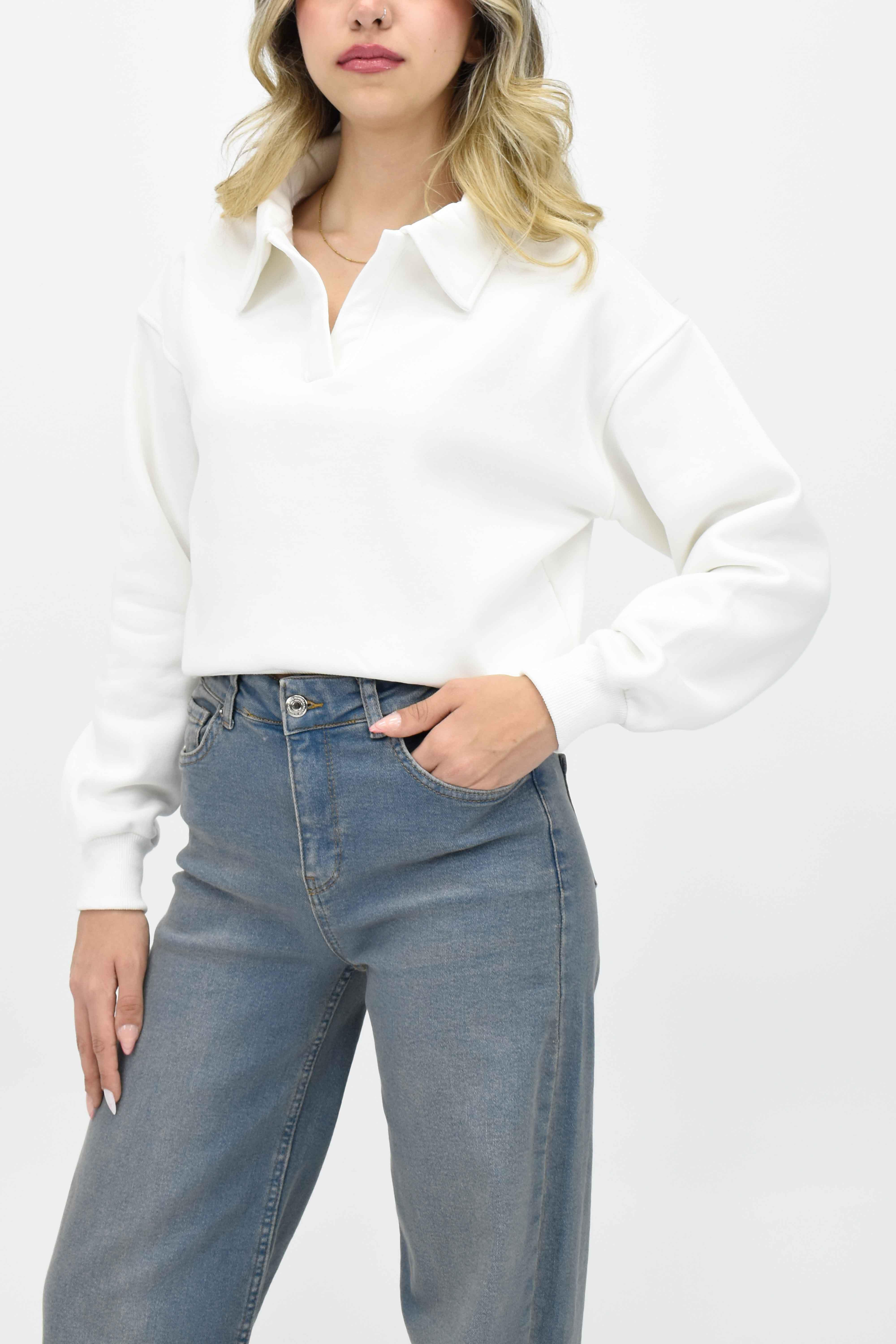 Yakalı Kısa Sweatshirt - Beyaz