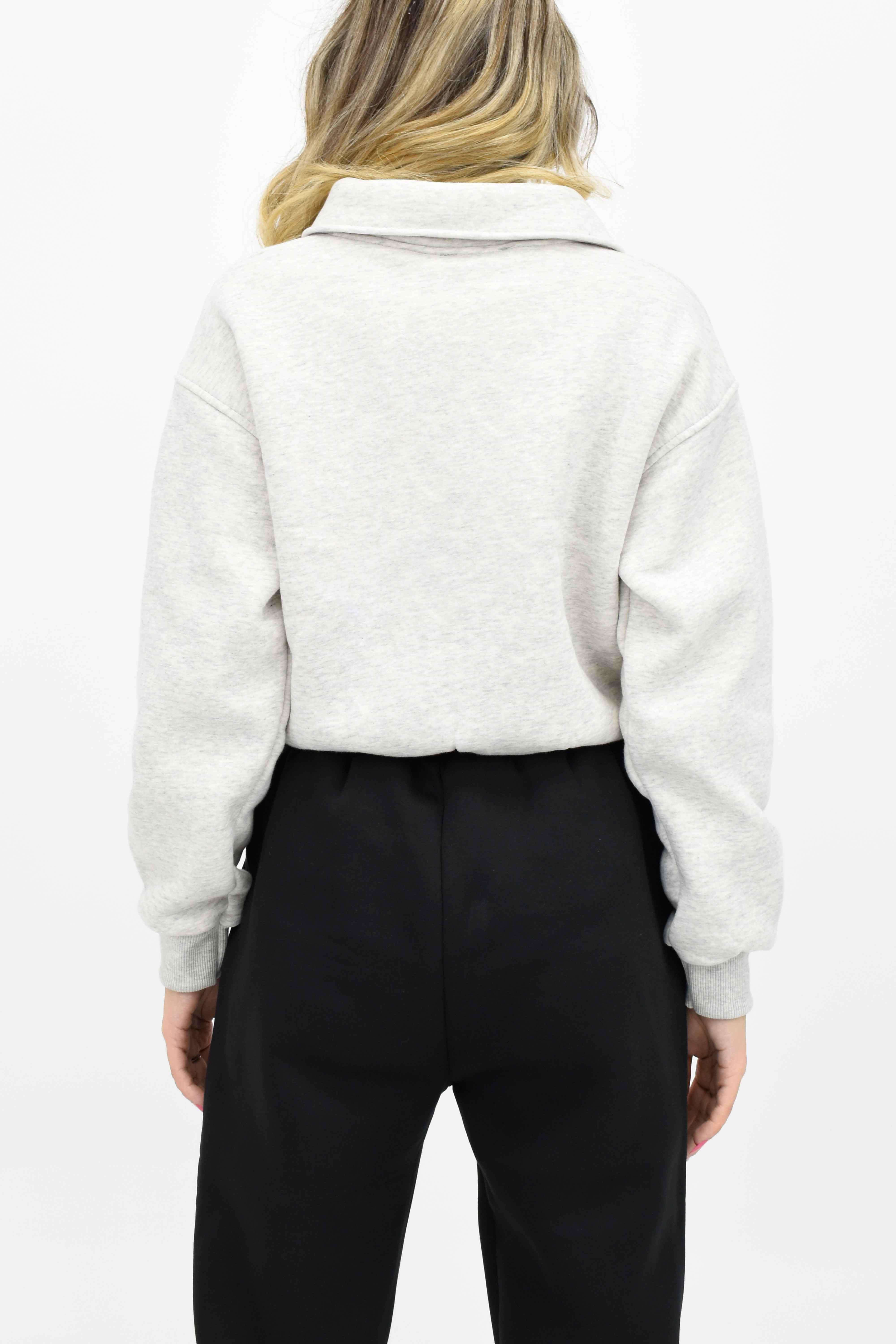 Yakalı Kısa Sweatshirt - Gri