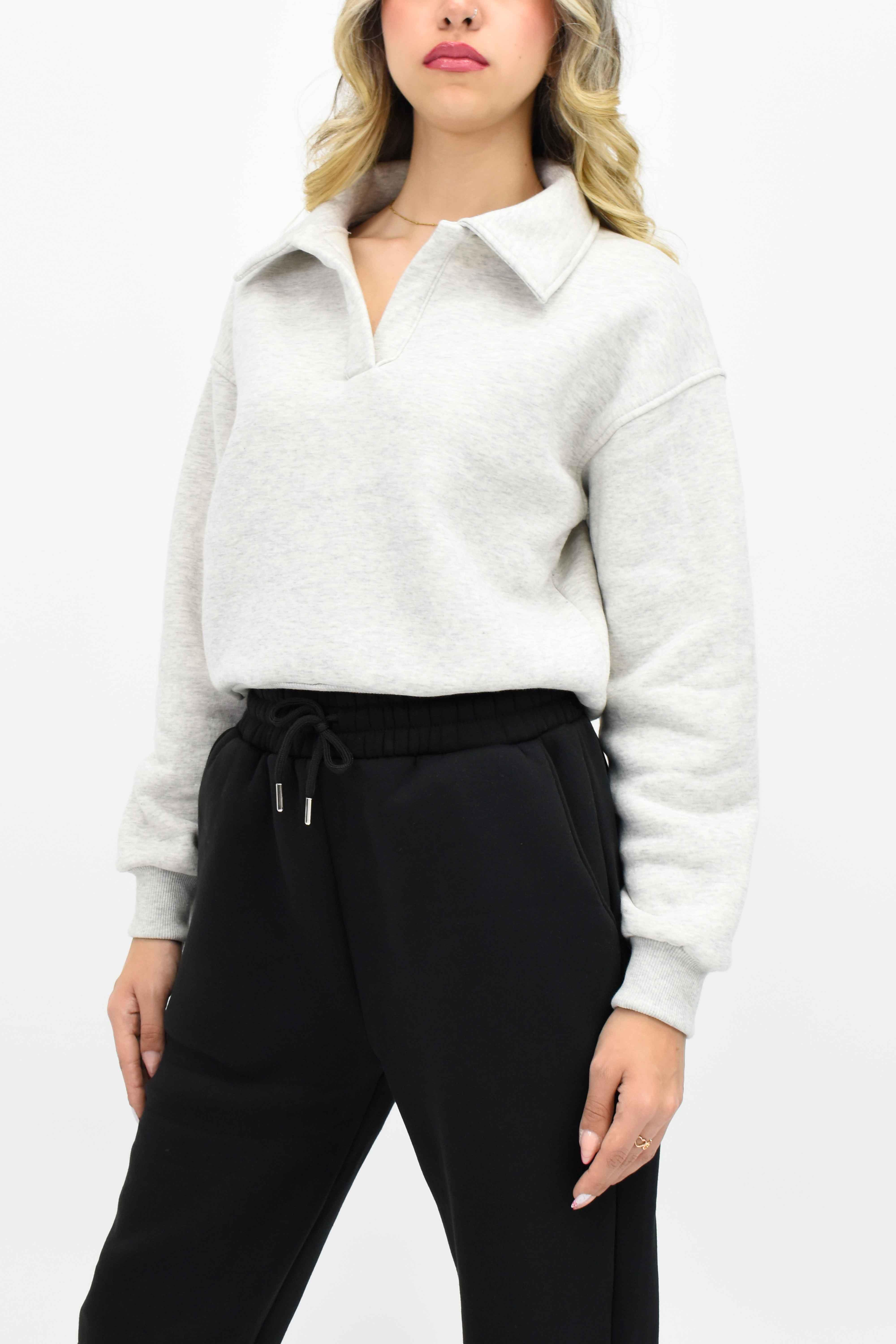 Yakalı Kısa Sweatshirt - Gri