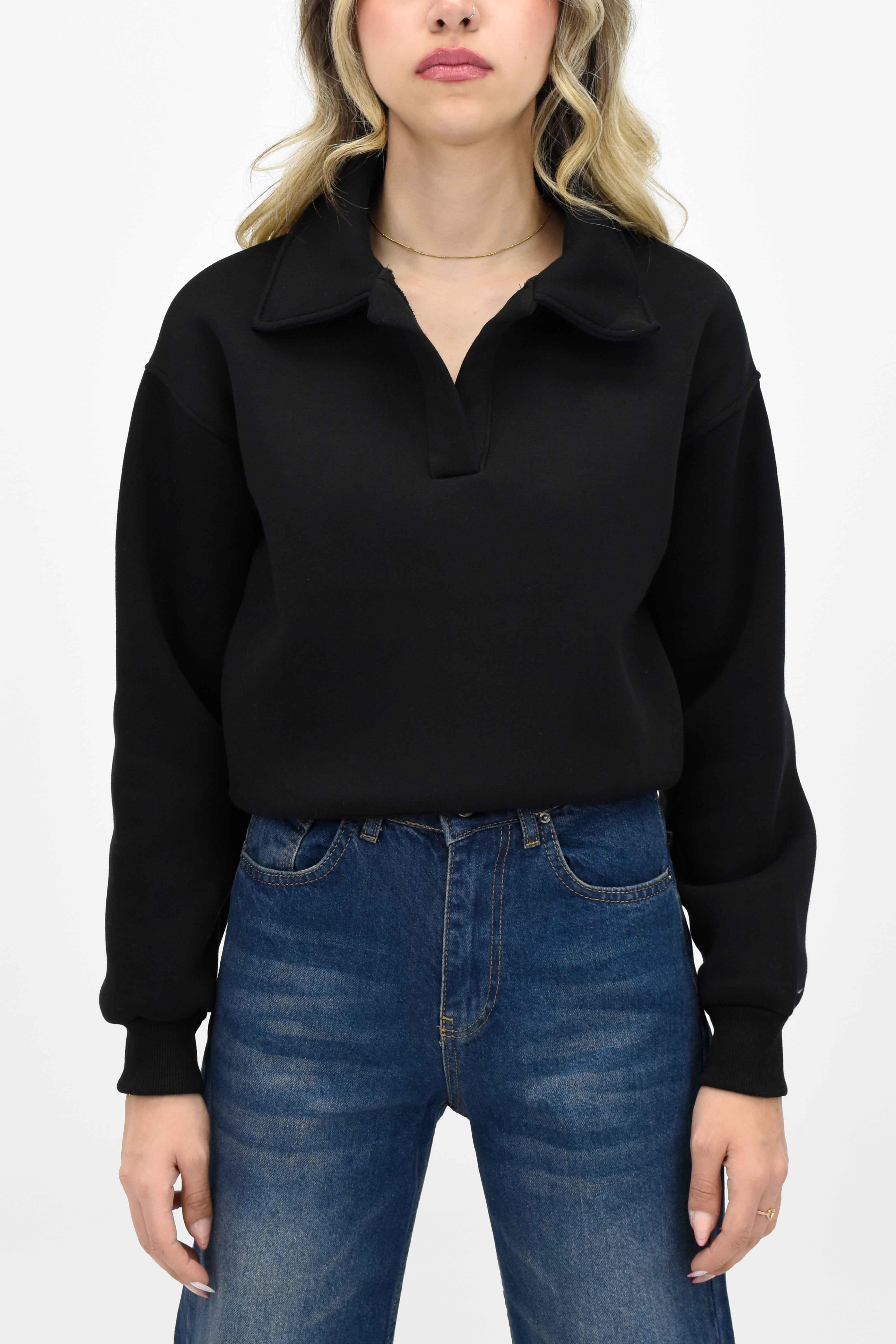 Yakalı Kısa Sweatshirt - Siyah