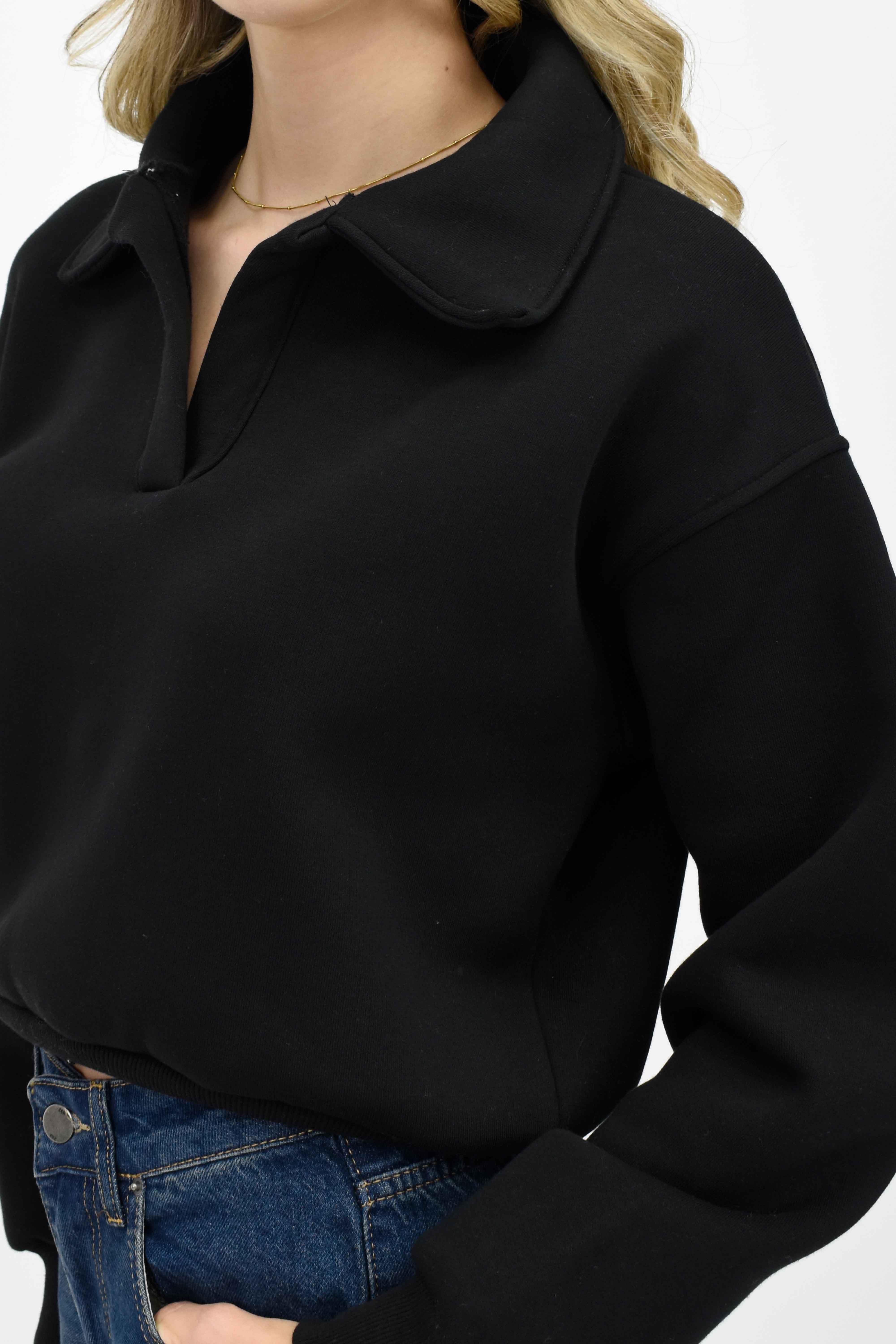 Yakalı Kısa Sweatshirt - Siyah