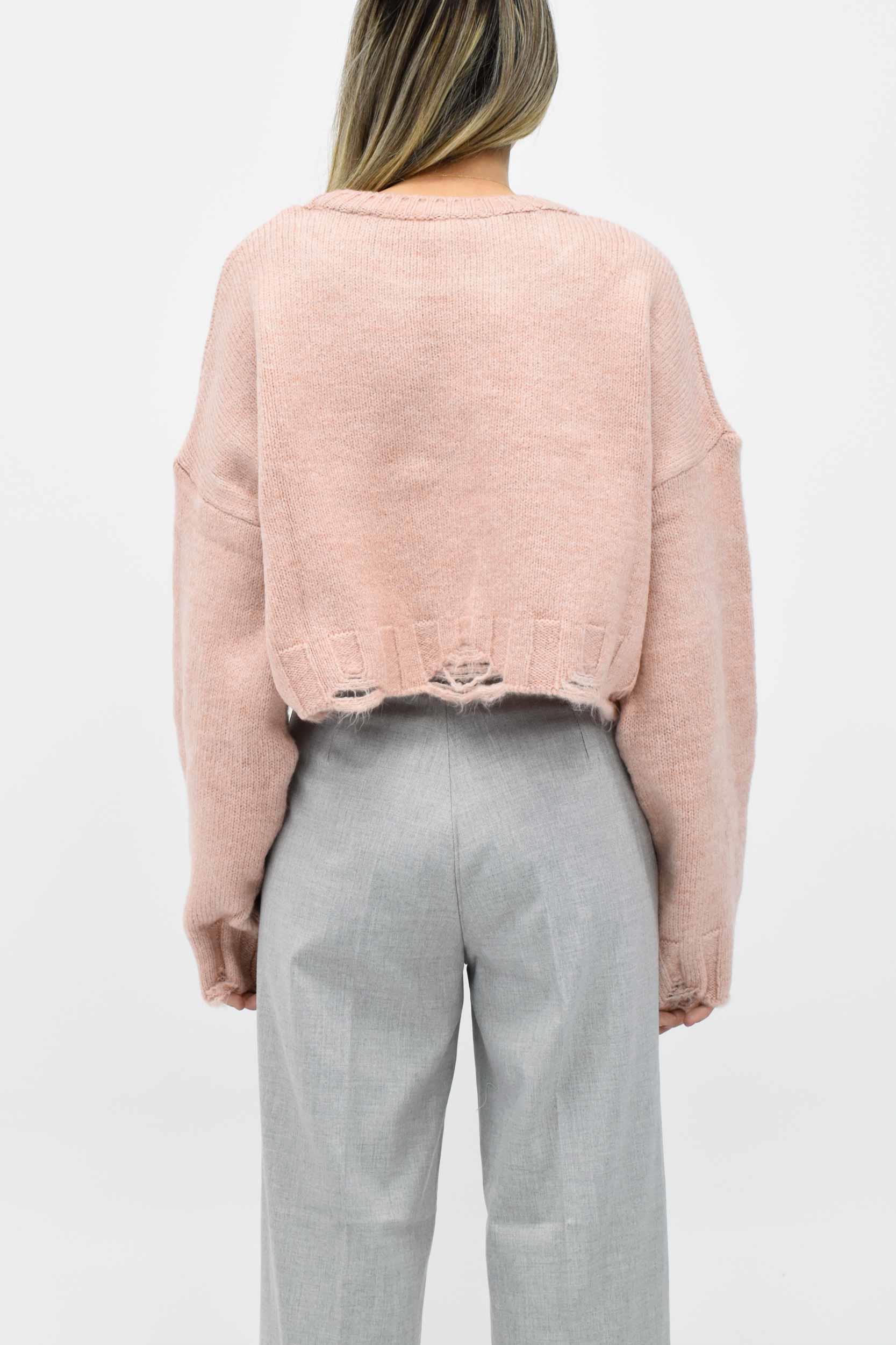 Yırtık Detay Crop Kazak - Pembe