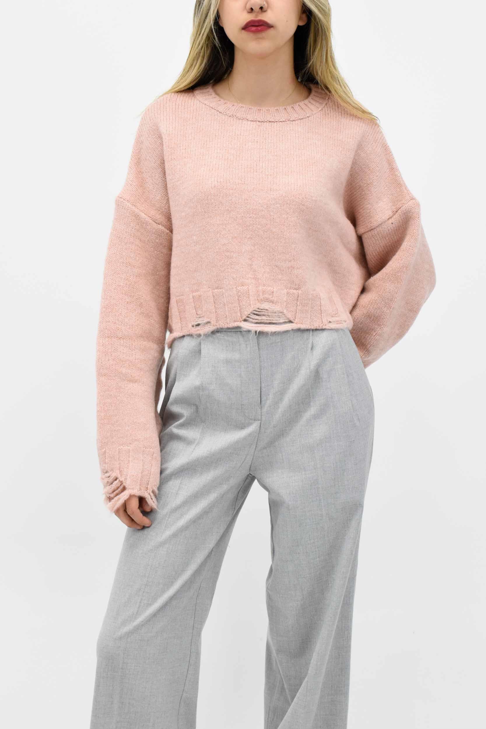 Yırtık Detay Crop Kazak - Pembe