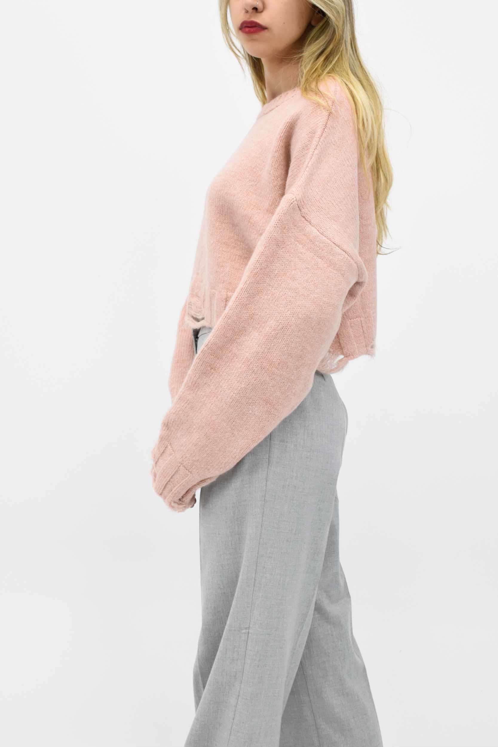 Yırtık Detay Crop Kazak - Pembe