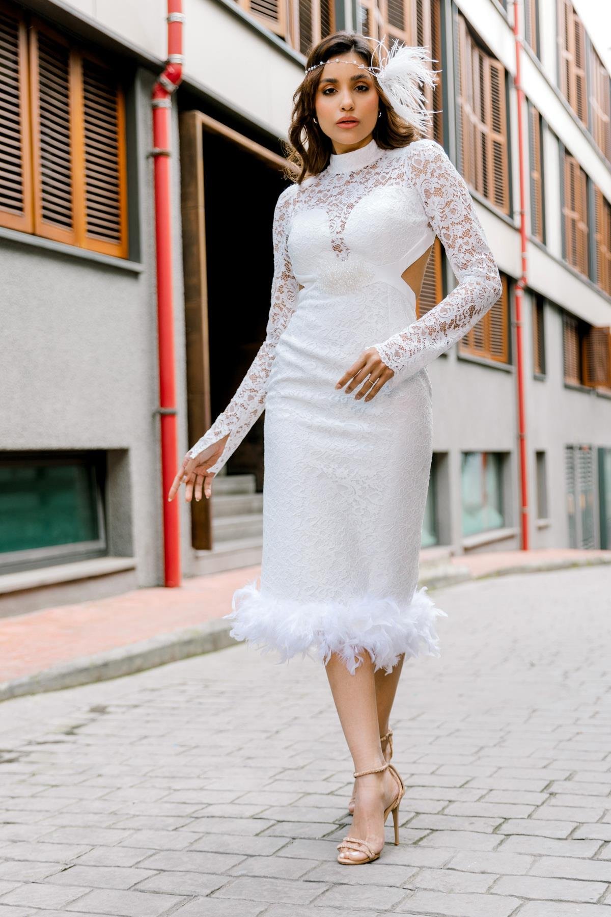 bonteselBeyaz Abiye Elbise Nikah Elbisesi Nişan Elbisesi Beyaz Elbise Dış çekim elbisesi After party elbisesibnt55291