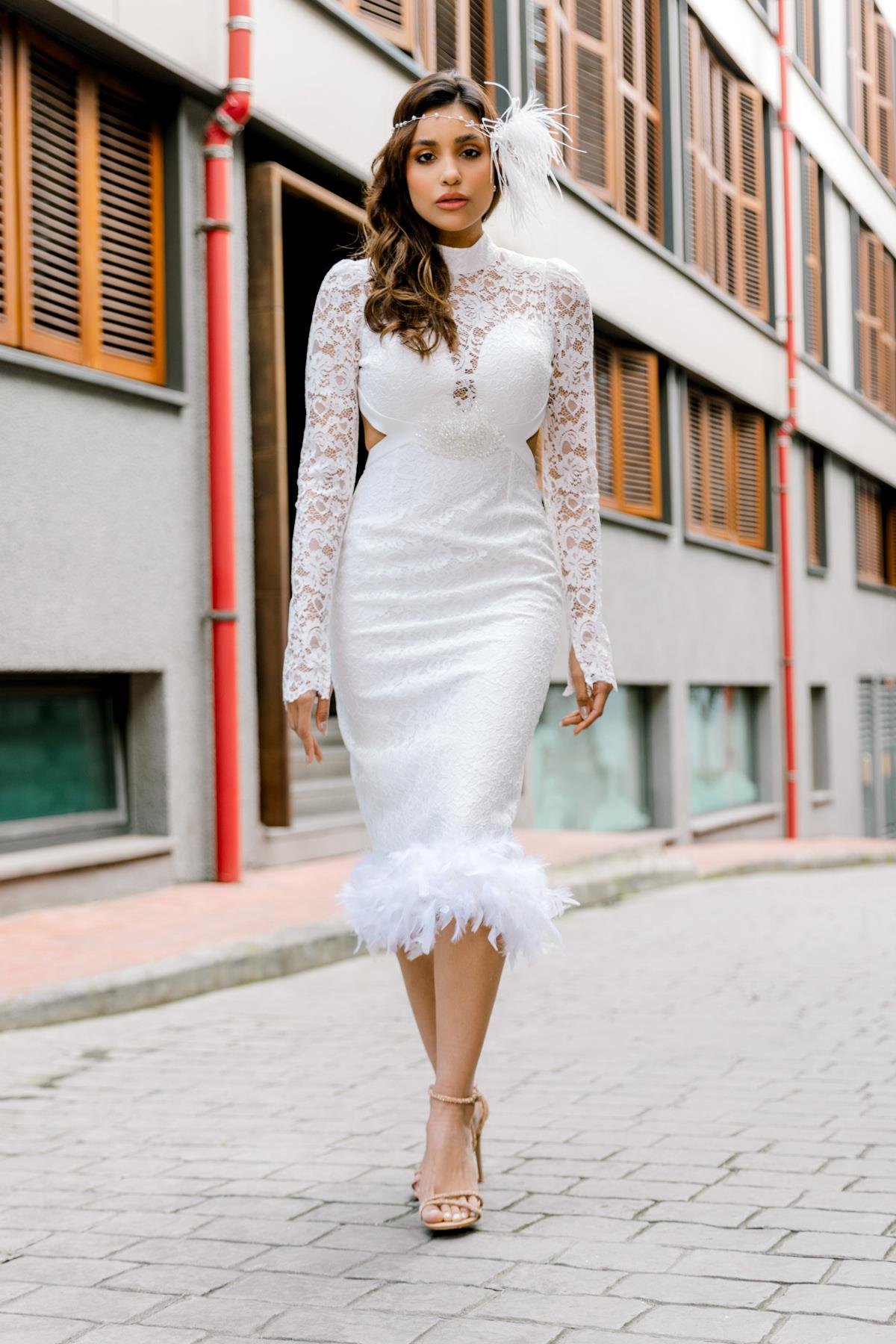 bonteselBeyaz Abiye Elbise Nikah Elbisesi Nişan Elbisesi Beyaz Elbise Dış çekim elbisesi After party elbisesibnt55291