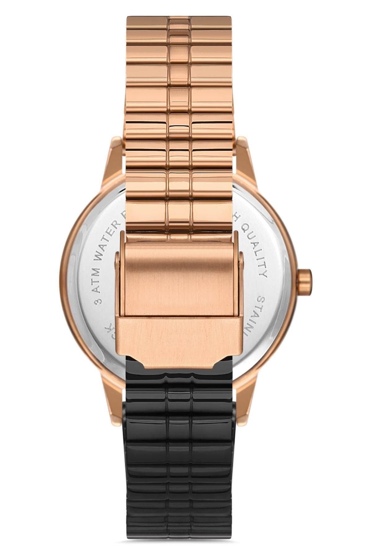 Commes Çelik Çift Renk Kordon Rose Gold Siyah Renk Kadın Klasik Kol Saati 0370-RRB
