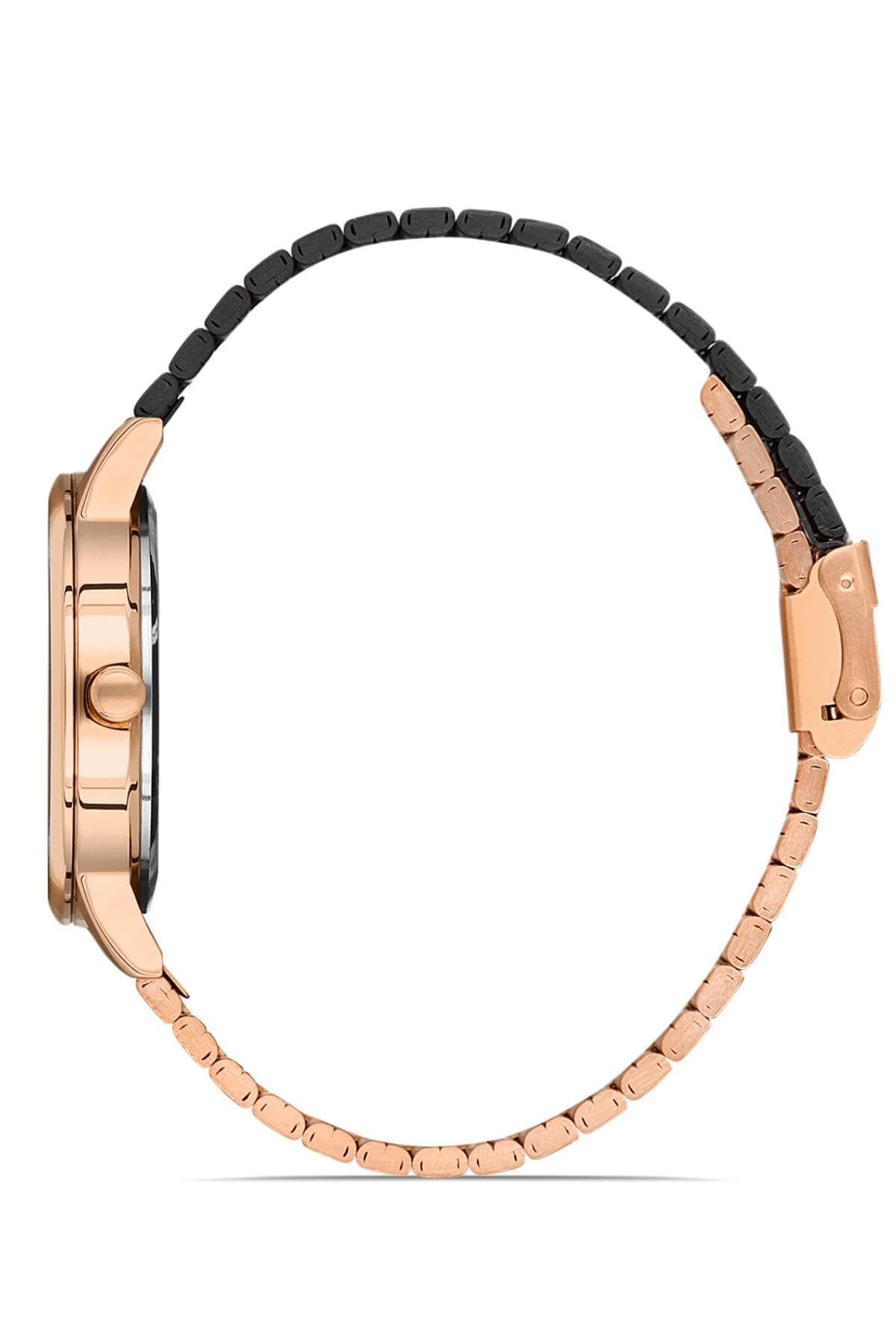 Commes Çelik Çift Renk Kordon Rose Gold Siyah Renk Kadın Klasik Kol Saati 0370-RRB