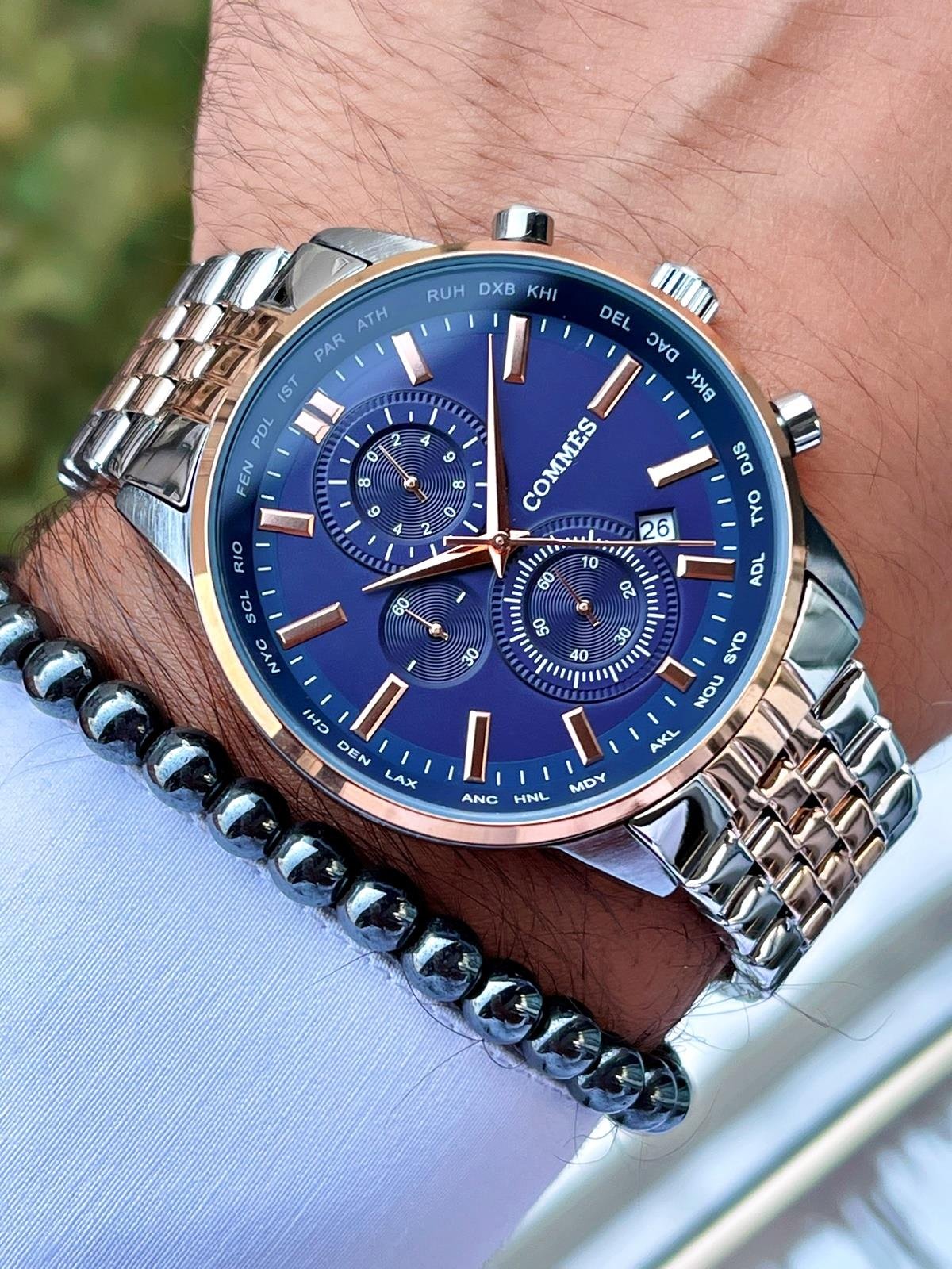 Commes Çelik Kordon Gümüş Mavi Renk Kronometre ve Takvimli Erkek Klasik Kol Saati 0372-SRSRM