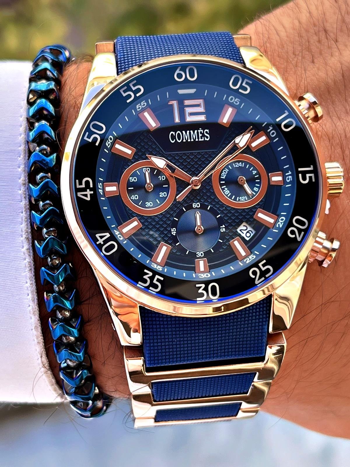 Commes Çelik Kordon Kronometre ve Takvimli Rose Gold Mavi Renk Unisex Klasik Kol Saati CM1902-RMRR