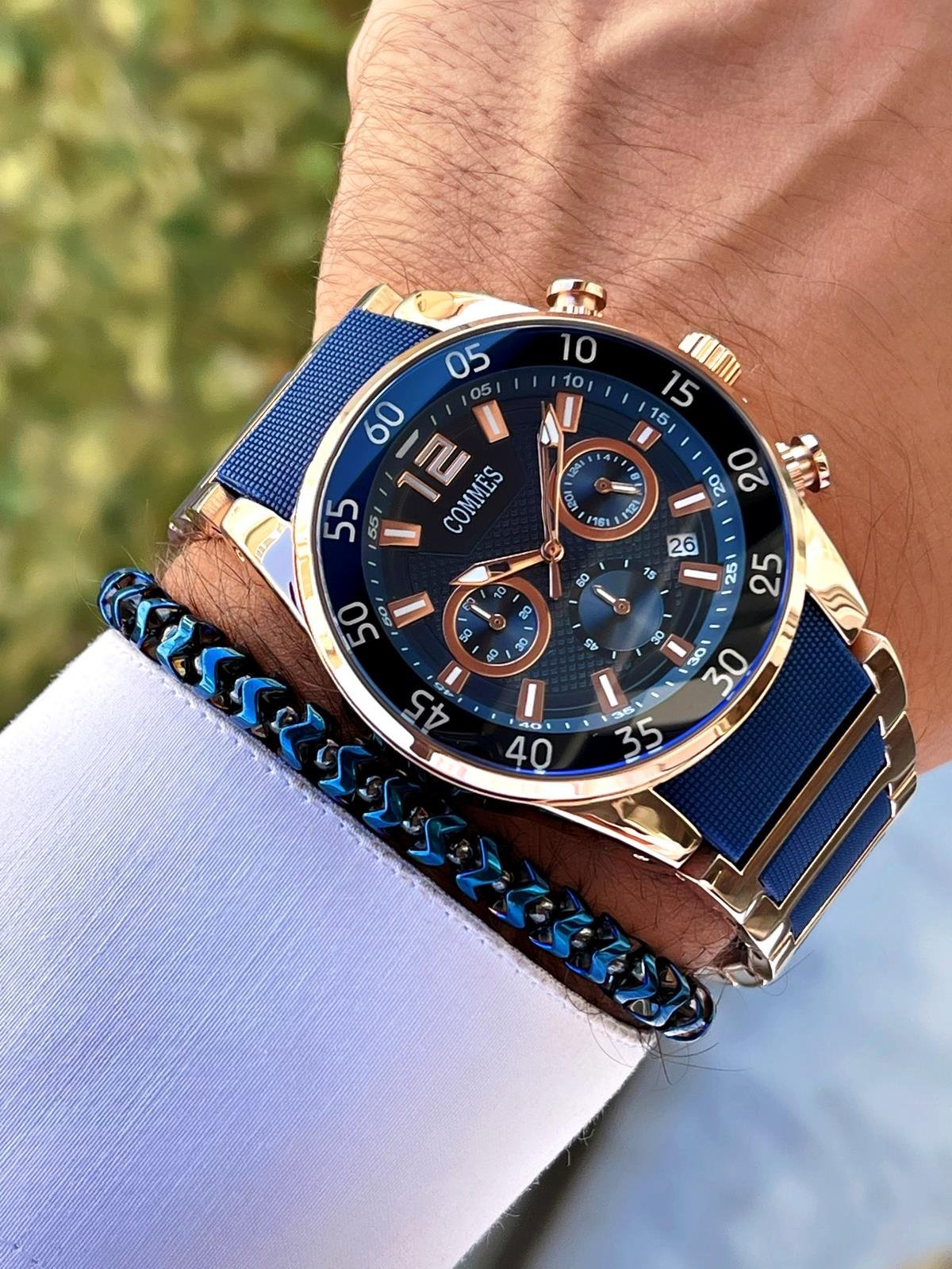 Commes Çelik Kordon Kronometre ve Takvimli Rose Gold Mavi Renk Unisex Klasik Kol Saati CM1902-RMRR