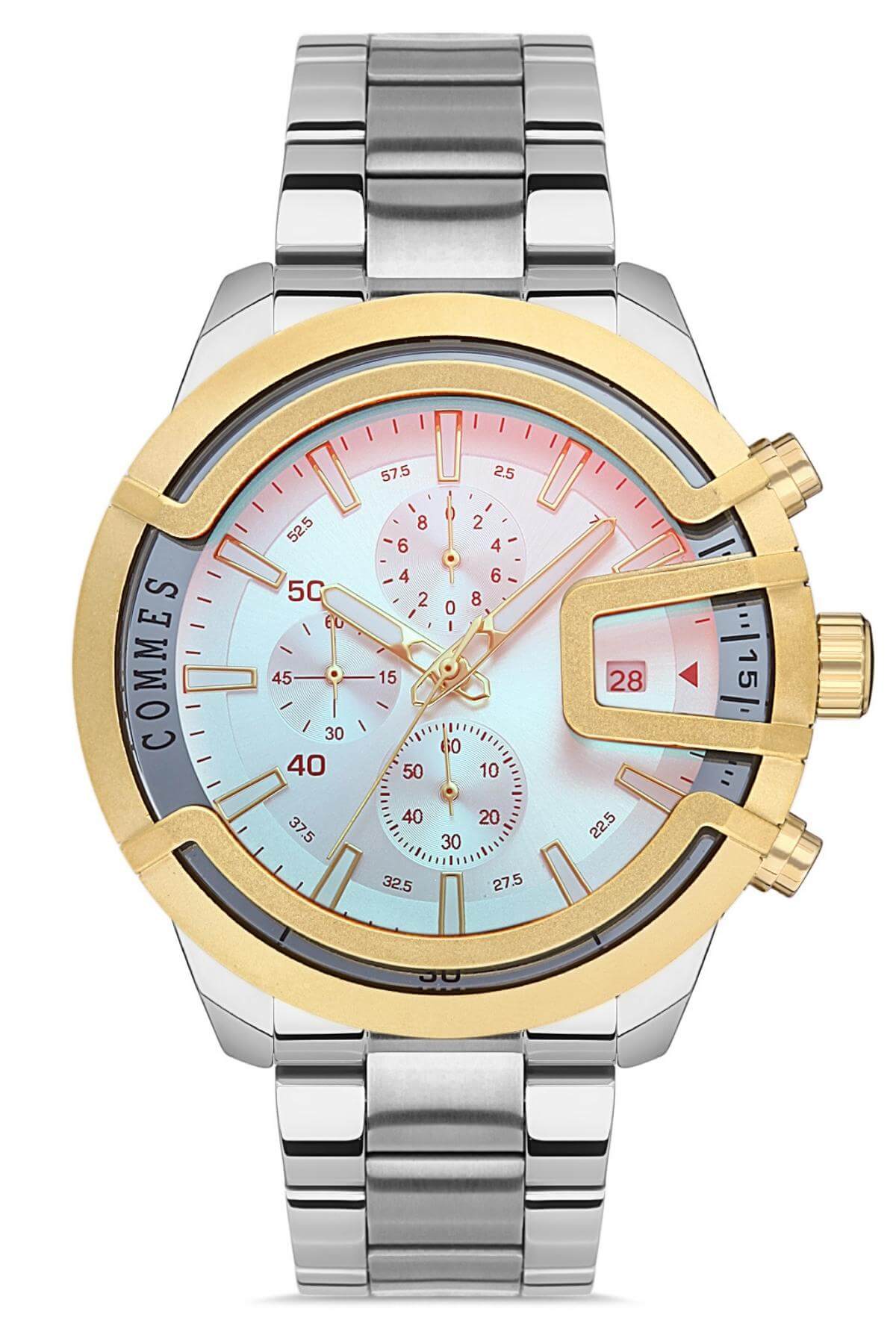 Commes Çelik Kordon Kronometre ve Takvimli Gümüş Altın Renk Unisex Klasik Kol Saati CM1905-SGS