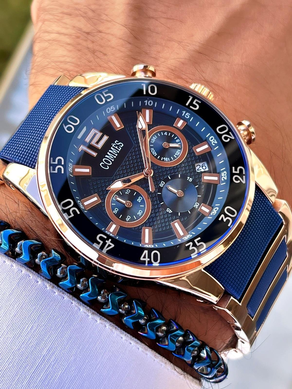 Commes Çelik Kordon Kronometre ve Takvimli Rose Gold Mavi Renk Unisex Klasik Kol Saati CM1902-RMRR