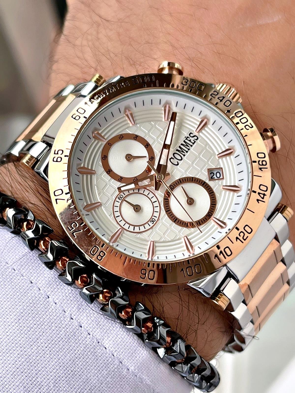 Commes Çelik Kordon Kronometre ve Takvimli Gümüş Rose Gold Renk Unisex Klasik Kol Saati CM1904-SRW