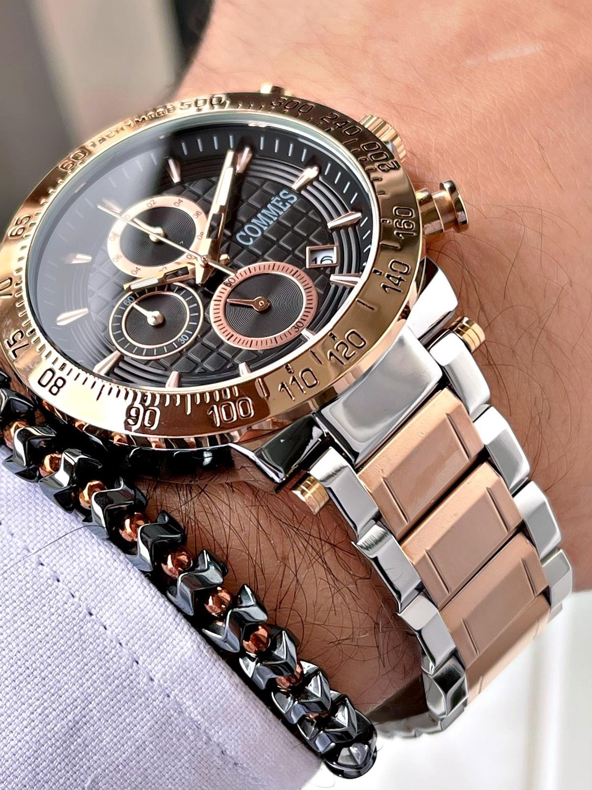 Commes Çelik Kordon Kronometre ve Takvimli Gümüş Rose Gold Renk Unisex Klasik Kol Saati CM1904-SRB