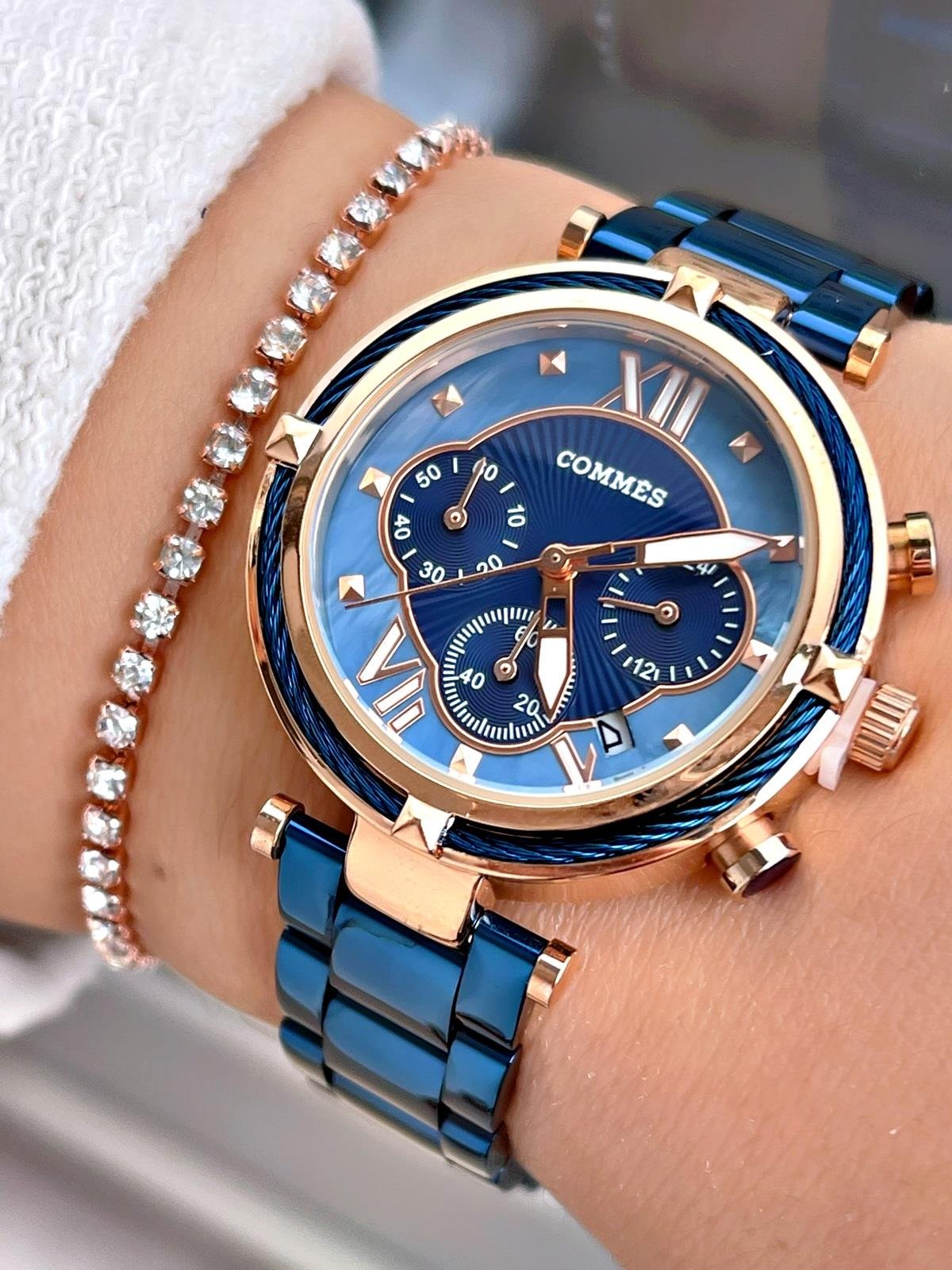 Commes Çelik Kordon Rose Gold Mavi Renk Takvimli Kronometreli Kadın Klasik Kol Saati 0363-MRM