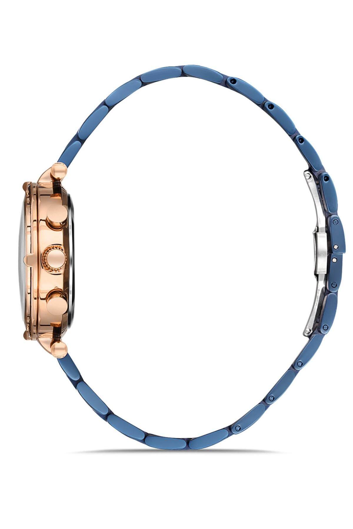 Commes Çelik Kordon Rose Gold Mavi Renk Takvimli Kronometreli Kadın Klasik Kol Saati 0363-MRM