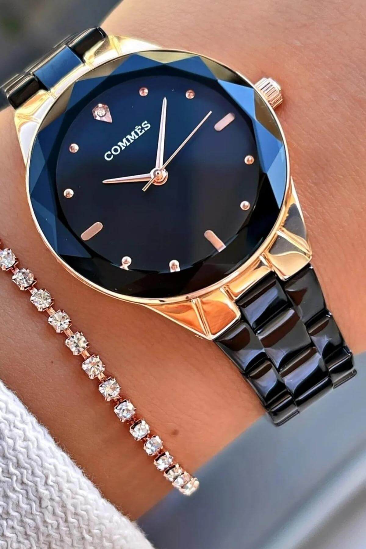 Commes Çelik Kordon Rose Gold Siyah Renk Özel Kesim Taş Süslemeli Kadın Klasik Kol Saati 0371-BRB