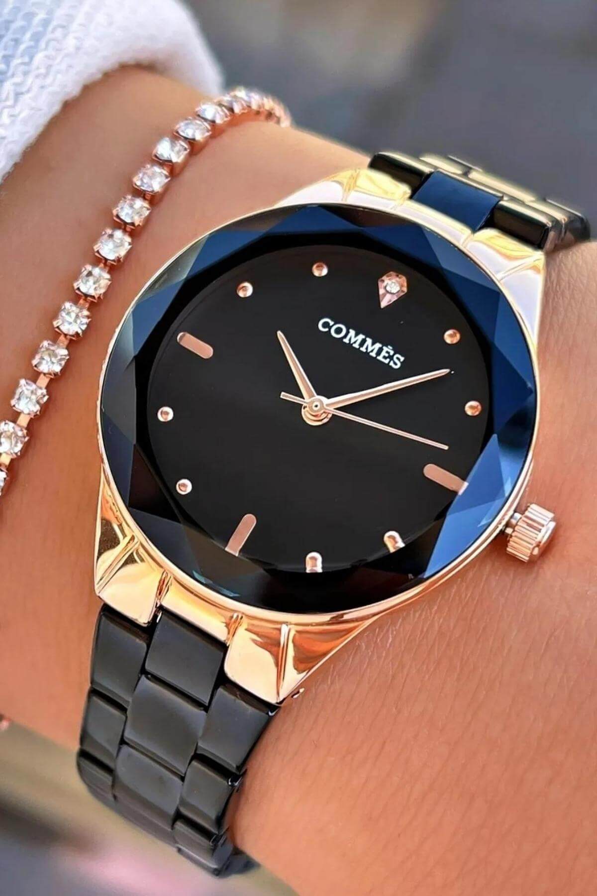 Commes Çelik Kordon Rose Gold Siyah Renk Özel Kesim Taş Süslemeli Kadın Klasik Kol Saati 0371-BRB